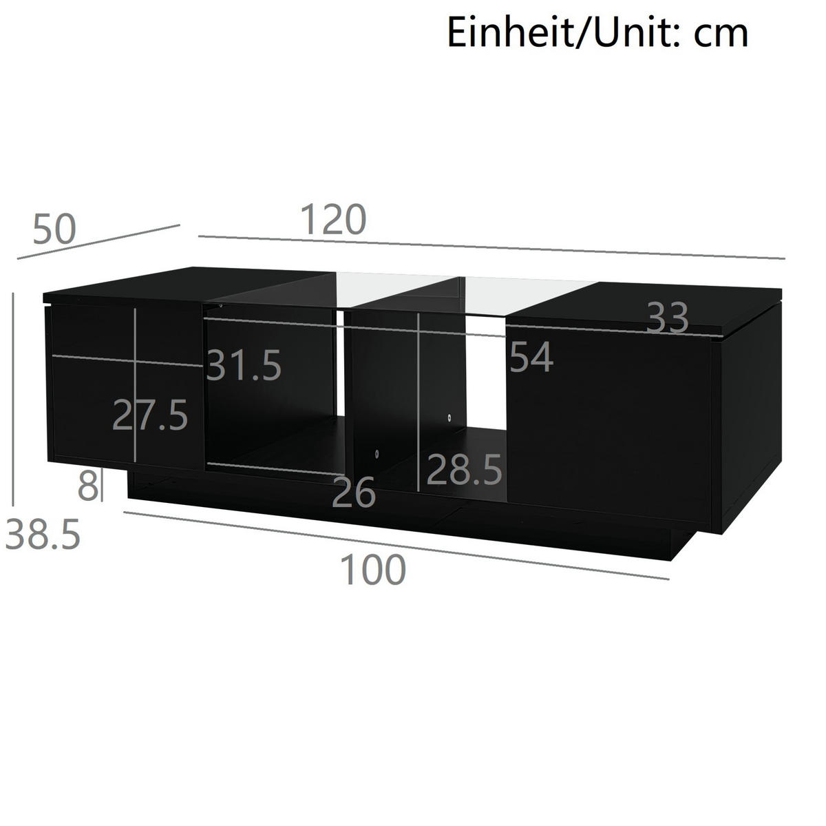 KONFERENČNÍ stolek ze skla a MDF, 120/50/38,5 cm černý, s LED osvětlením a úložným prostorem - černá, kompozitní dřevo (120/50/38.5cm) - BEAOK