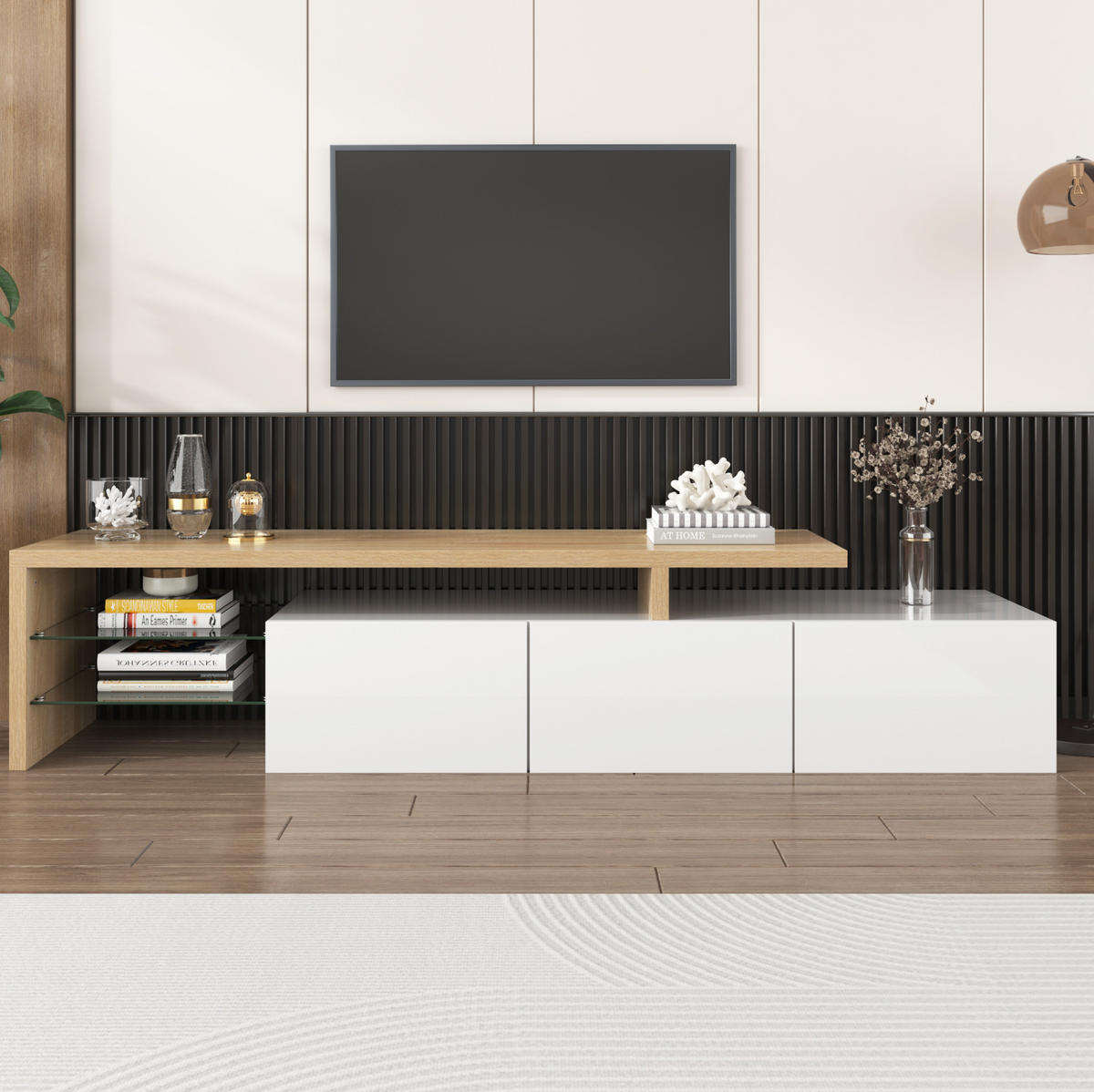 TV-SCHRANK und Glas in Weiß und Natur mit LED Beleuchtung 197.5/39/42 cm - Weiß, Holzwerkstoff (197.5/42/39cm) - Redom