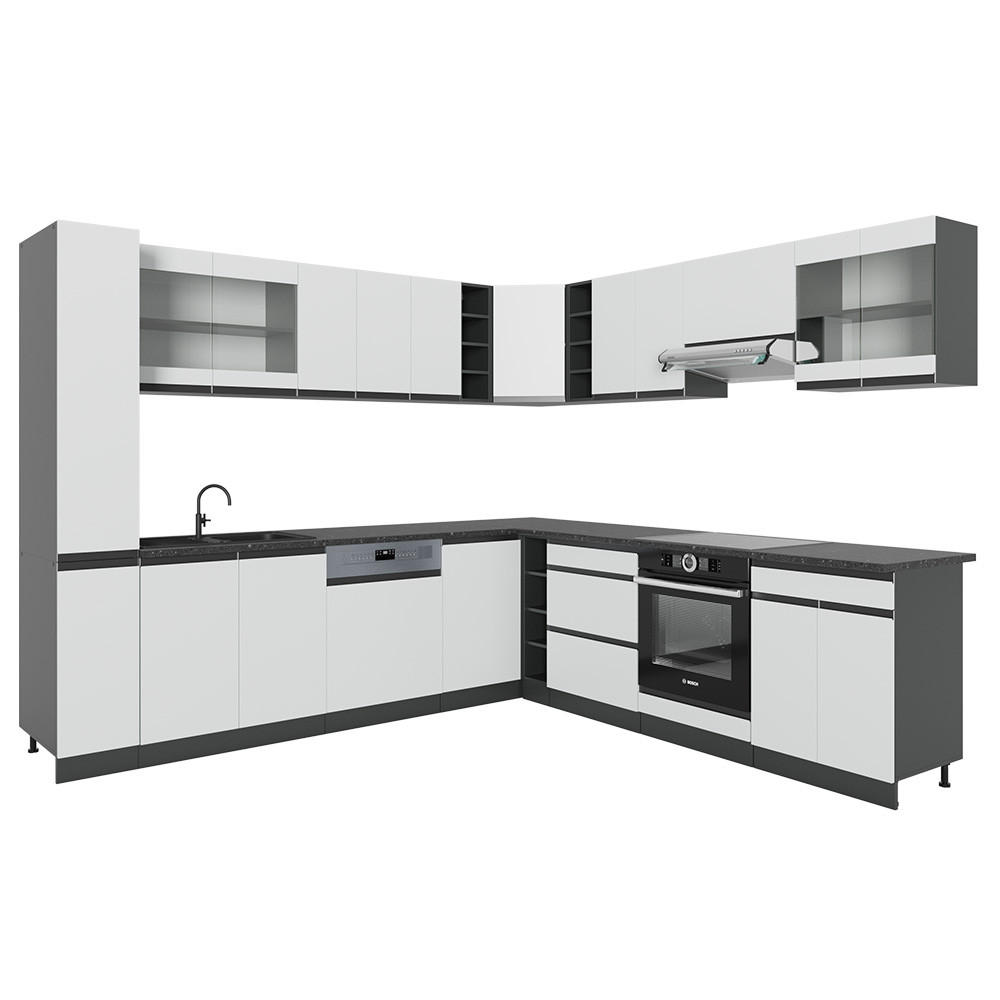 ECKKÜCHE R-Line Weiß 257 x 60 cm J-Shape, ohne Arbeitsplatte - Anthrazit/Weiß, Holzwerkstoff (257/81.6/46cm) - Vicco