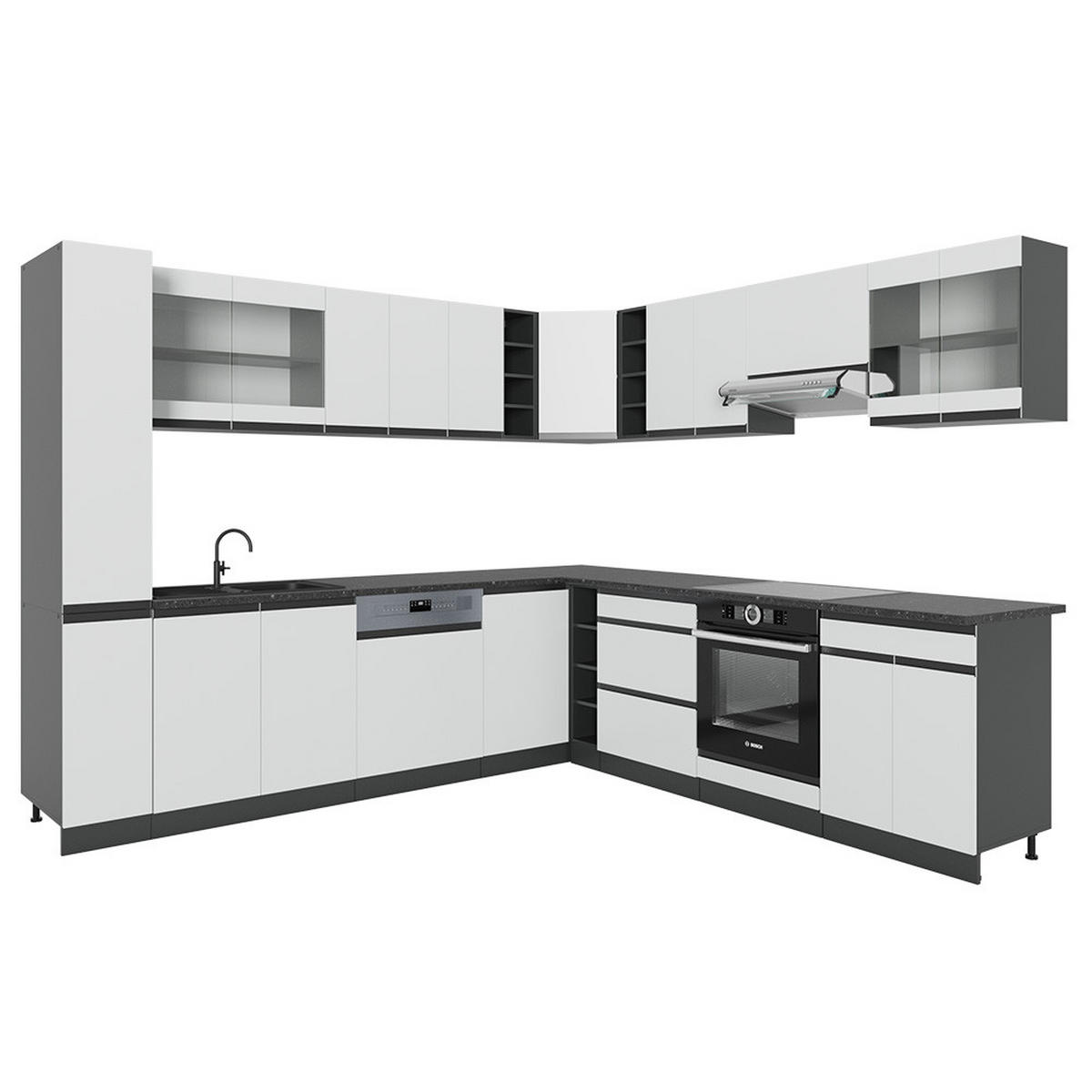 ECKKÜCHE R-Line Weiß 257 x 60 cm J-Shape, ohne Arbeitsplatte - Anthrazit/Weiß, Holzwerkstoff (257/81.6/46cm) - Vicco