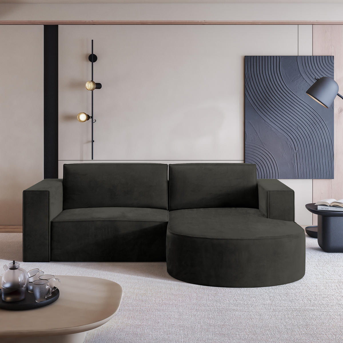 ECKSOFA SORELA M R-S Schwarz Velours-Stoff mit Schlaffunktion - Schwarz, Holz (263/174cm) - MASSENO