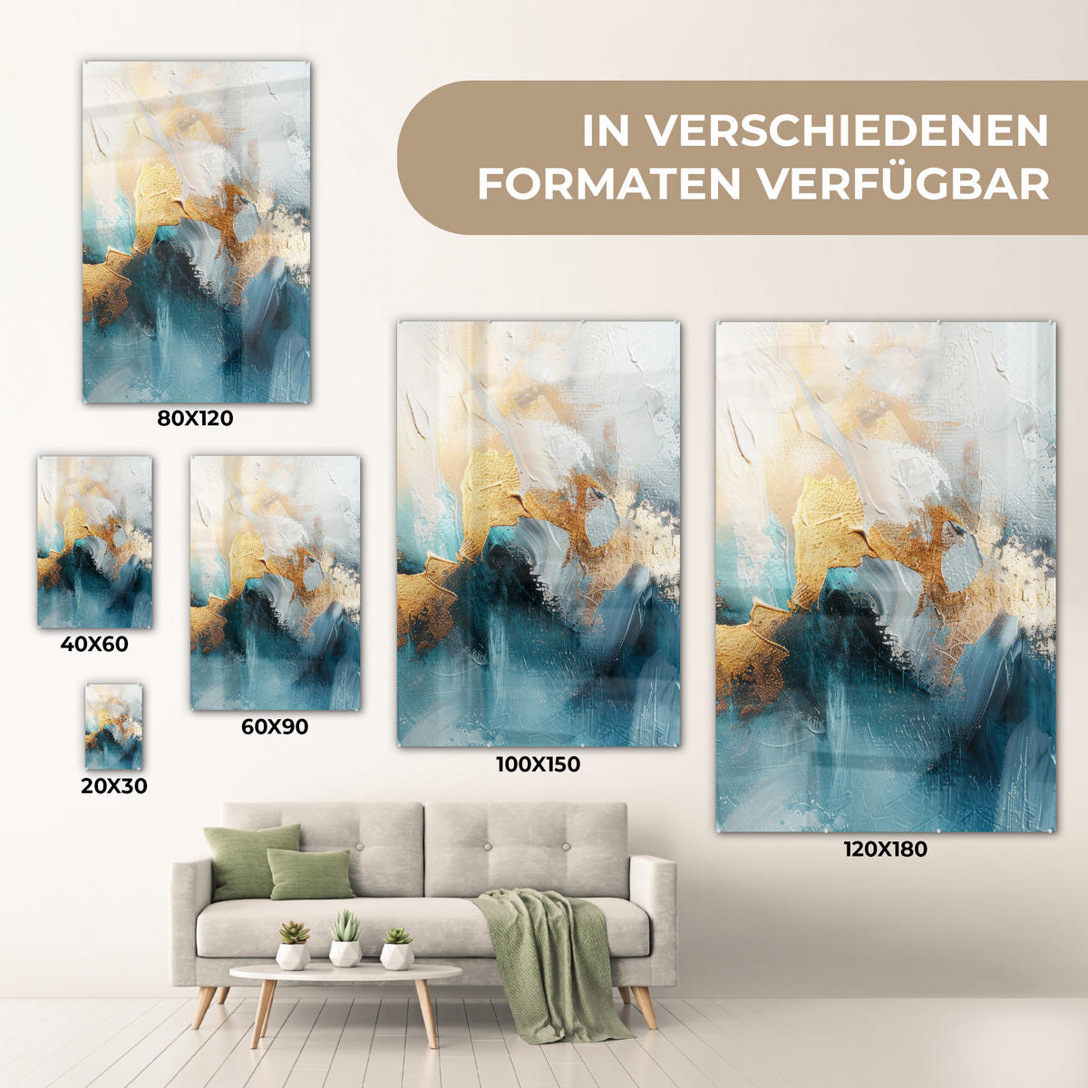 ACRYLGLASBILD Abstrakt - Kunst - Gold - Blau 40x60 cm - Petrol, Glas (40/60cm) - MuchoWow