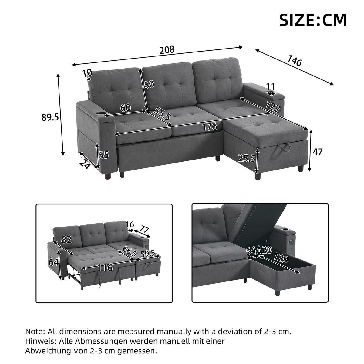 3-SITZER SCHLAFSOFA Vliesstoff Grau mit Stauraum, LED und USB - Grau, Holzwerkstoff/Textil (208/146cm) - WISHDOR