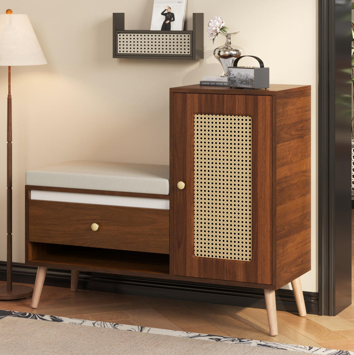 SCHUHBANK 95,5/35/80,5 cm mit Sitzkissen, Schubladen und Rattan-Optik - Naturfarben, Holzwerkstoff (95.5/80.5/35cm) - BEAOK