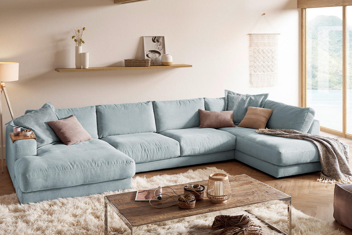 WOHNLANDSCHAFT MADELINE Hellblau Cord - Schwarz/Hellblau, Kunststoff/Textil (425/86/224cm) - KAWOLA