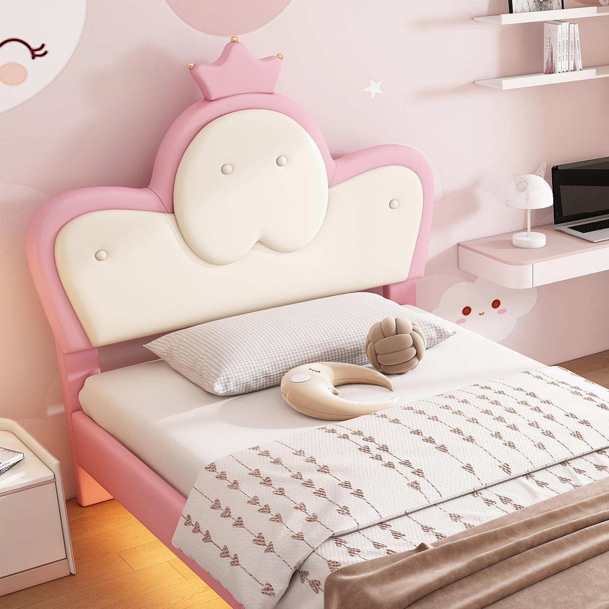 POLSTERBETT 90/200 cm Rosa Weiß mit LED-Beleuchtung und Kopfteil mit Krone - Weiß, Kunststoff (90/200cm) - OKWISH