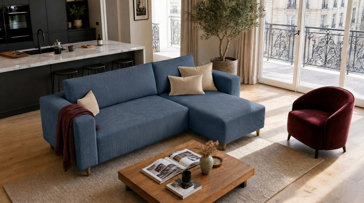 ECKSOFA RIO mit Schlaffunktion und Bettkasten, Farbe: Blau, Cordstoff, Ottomane Universal - Blau, Textil (249/142cm) - Marpur