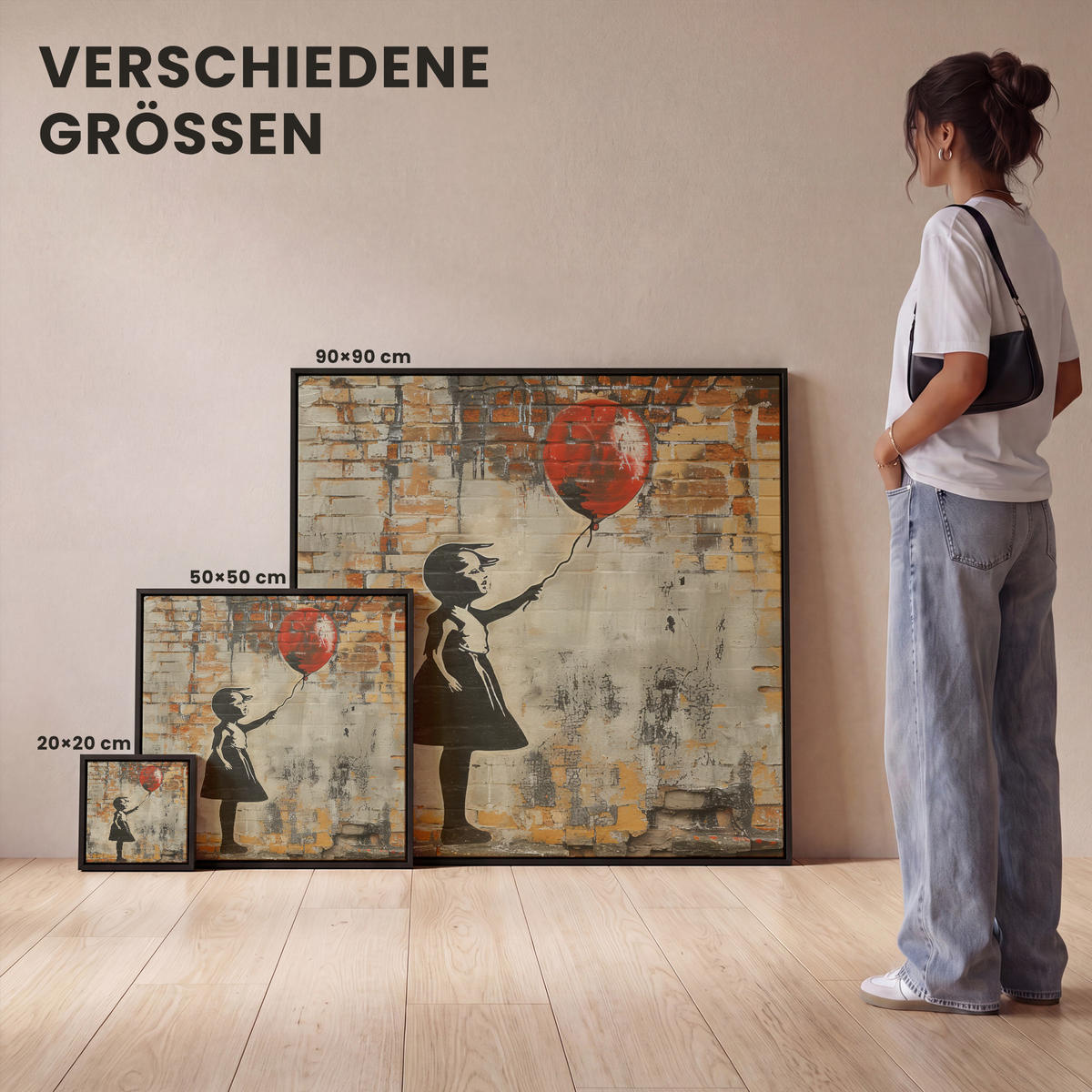 LEINWAND Bilder mit Rahmen - Graffiti - Banksy - Mädchen - Straßenkunst - 50x50 - Sandfarben, Textil (50/50cm) - MuchoWow