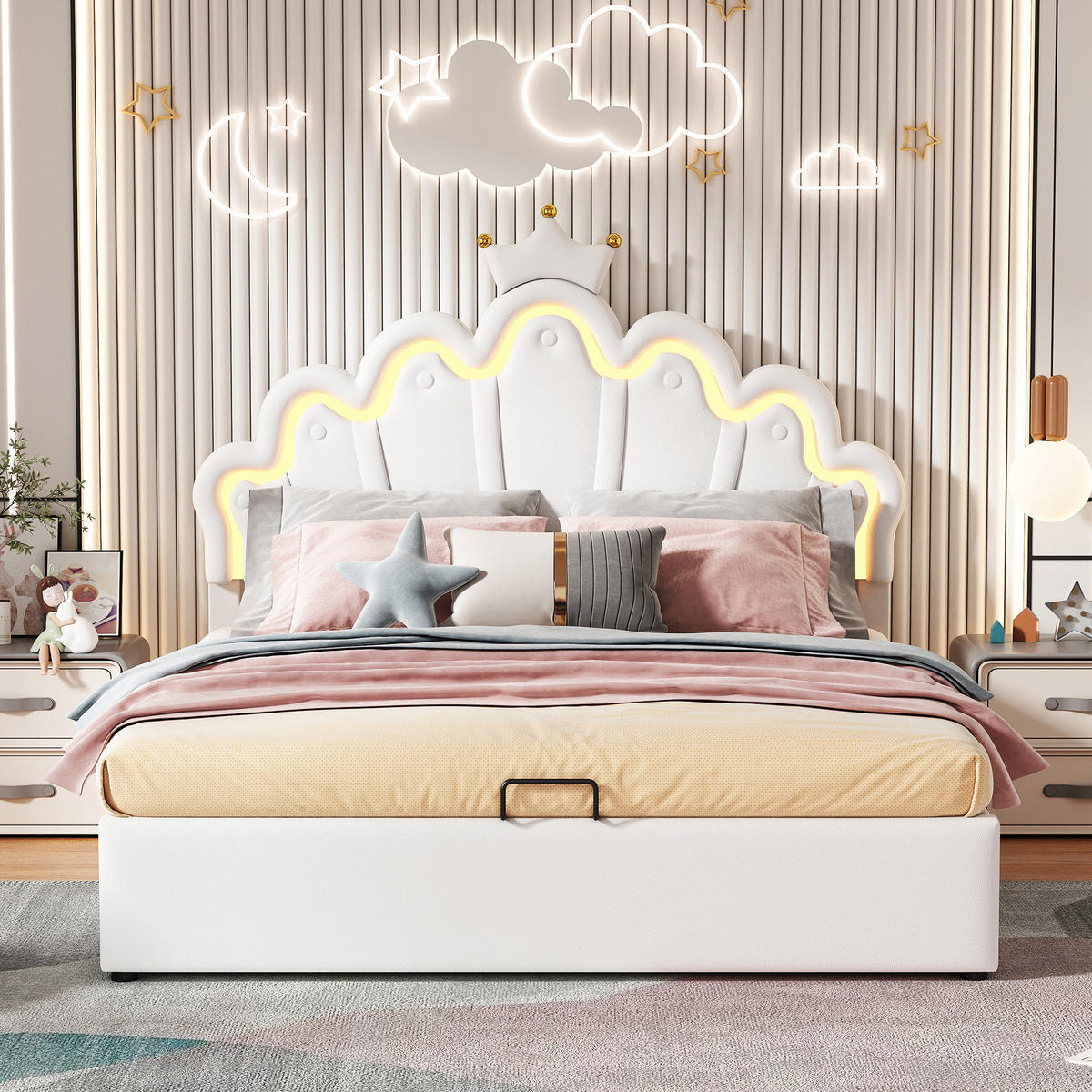POLSTERBETT mit Stauraum und LED 140x200 cm PU Weiß - Weiß, Metall (140/200cm) - Meubliv