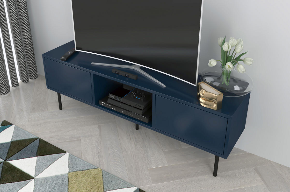 LOWBOARD Mirka, Marinblau, Push to Open System, Minimalistisch - Schwarz/Dunkelblau, Holzwerkstoff/Metall (130/47/35cm) - Dancan