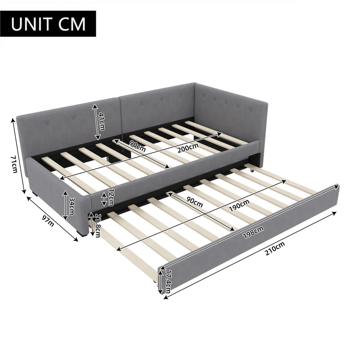 POLSTERBETT 90x200cm mit ausziehbarem Kopfteil und Lattenrost - Grau, Textil (90/200cm) - OKWISH