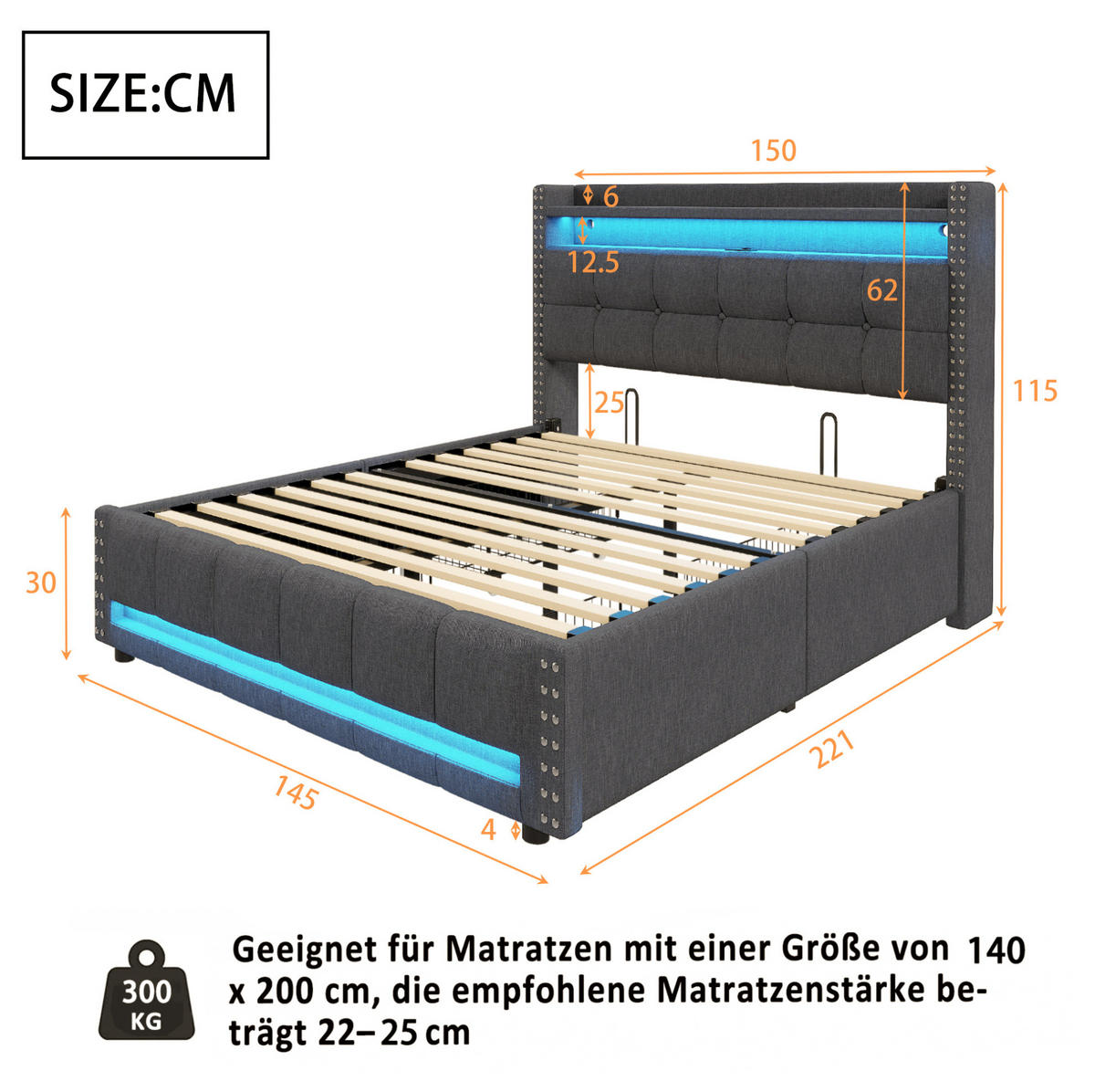ČALÚNENÁ posteľ z leinenstoffu 140x200 cm sivá s LED osvetlením, USB portom a úložným priestorom - sivá, textil (140/200cm) - Modfu