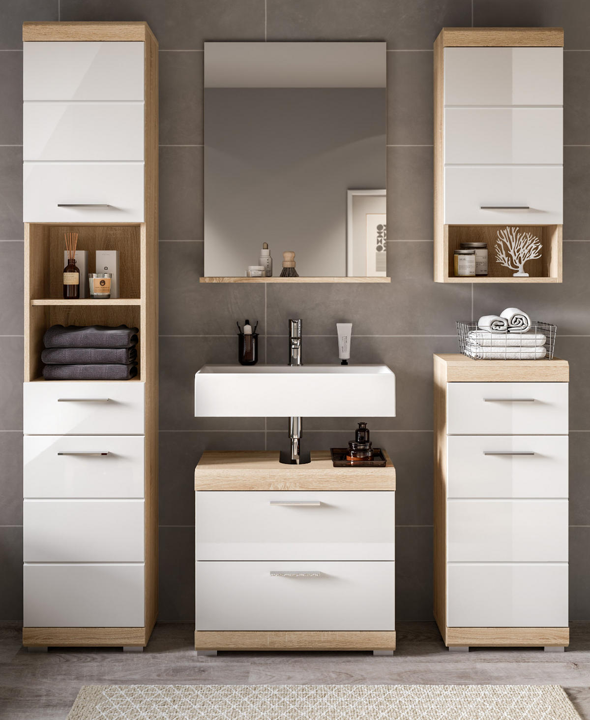 BADMÖBEL-SET weiß Hochglanz, Eiche 5-teilig 164 cm, Komplettset mit viel Stauraum - Weiß Hochglanz/Eichefarben, Holzwerkstoff (164/191/37cm) - Inn.Furn