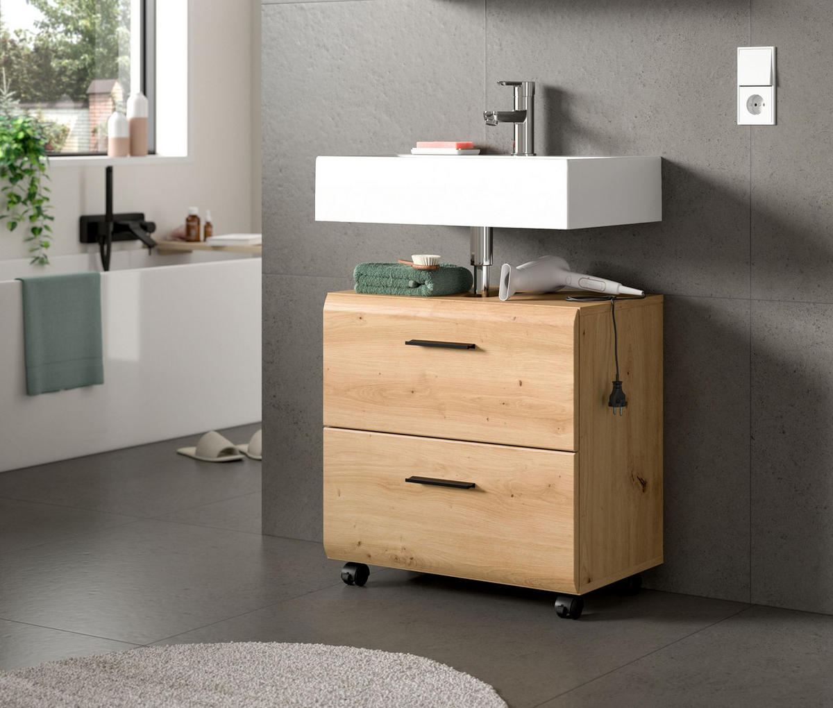 WASCHBECKENUNTERSCHRANK auf Rollen ICE (B/H/T: ca. 60/58/30 cm) in Artisan Oak Nachbildung/Artisan Oak Nachbildung - Eiche Artisan, Holzwerkstoff (60/58/30cm)