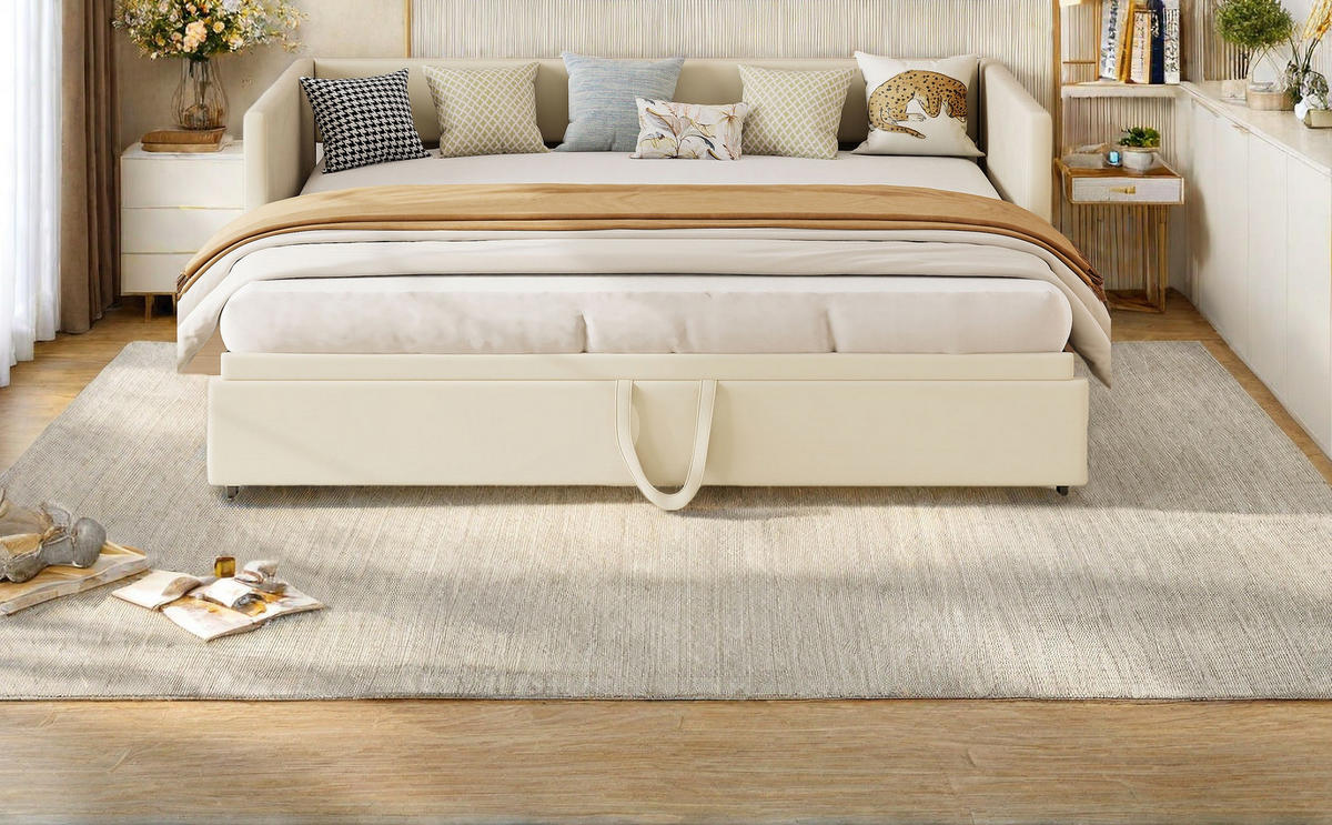 SCHLAFSOFA 90x200cm beige samt ausziehbar 180x200cm - Beige, Holzwerkstoff (180/200cm) - SHOPENTRA