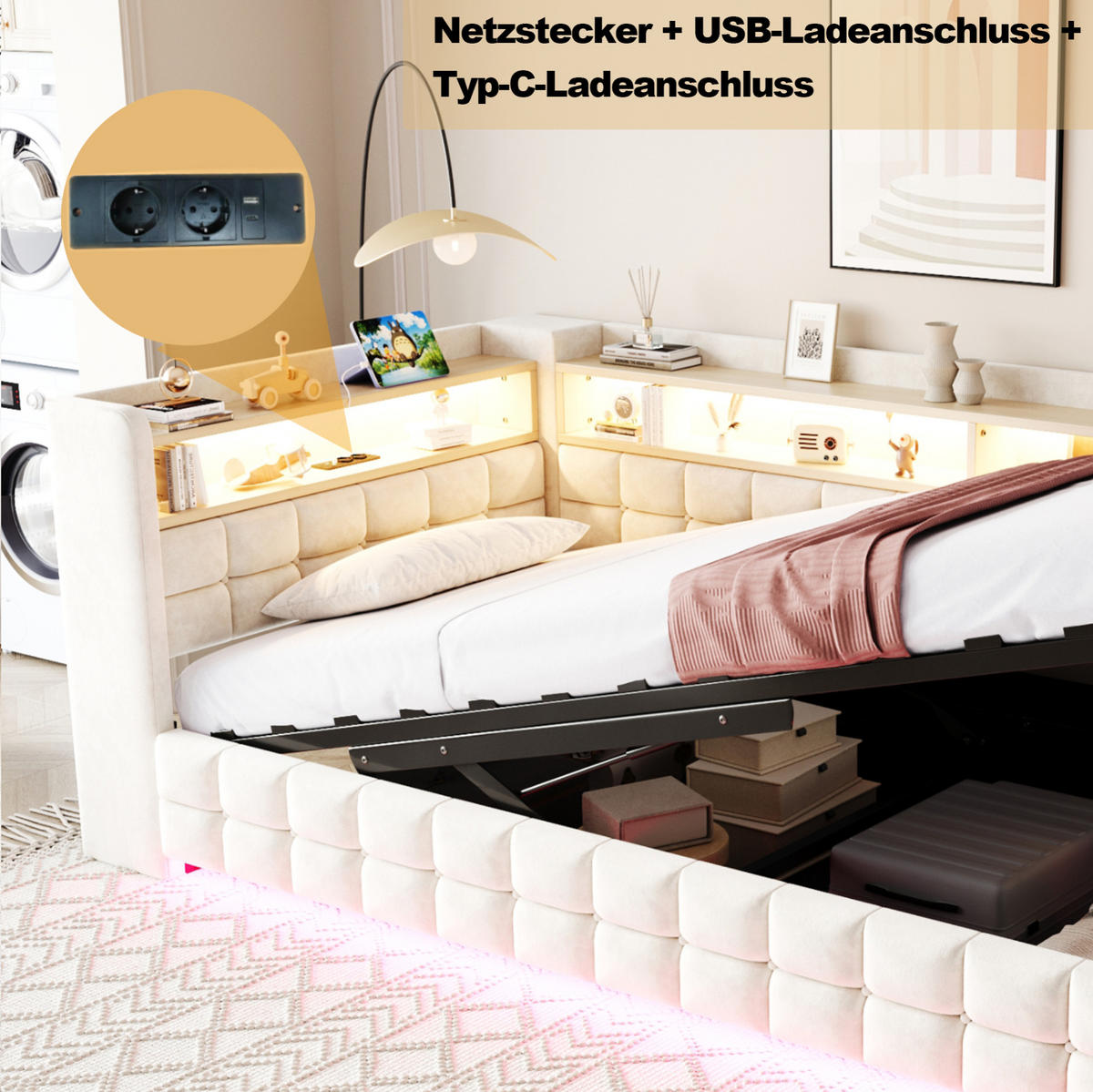POLSTERBETT 90/200 cm in Beige mit Stauraum, LED-Beleuchtung und USB/Type-C - Beige, Textil (90/200cm) - Flora Grace
