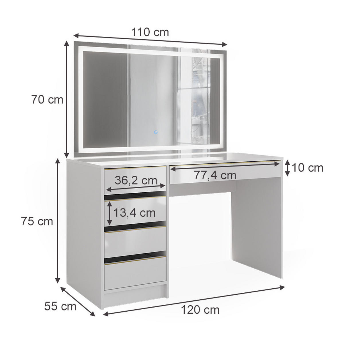 SCHMINKTISCH Sherry Weiß/Gold 120 cm mit LED-Spiegel - Goldfarben/Weiß, Holzwerkstoff (120/75/55cm) - Vicco
