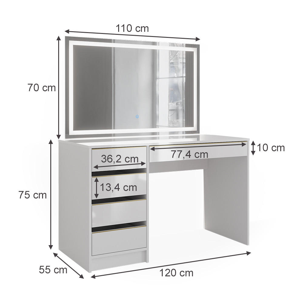 Thumbnail - Vicco Schminktisch, Weiß, Holzwerkstoff, 5 Fächer, 5 Schubladen, Rechteckig,Rechteckig, 120x75x55 cm, Schlafzimmer, Schm...