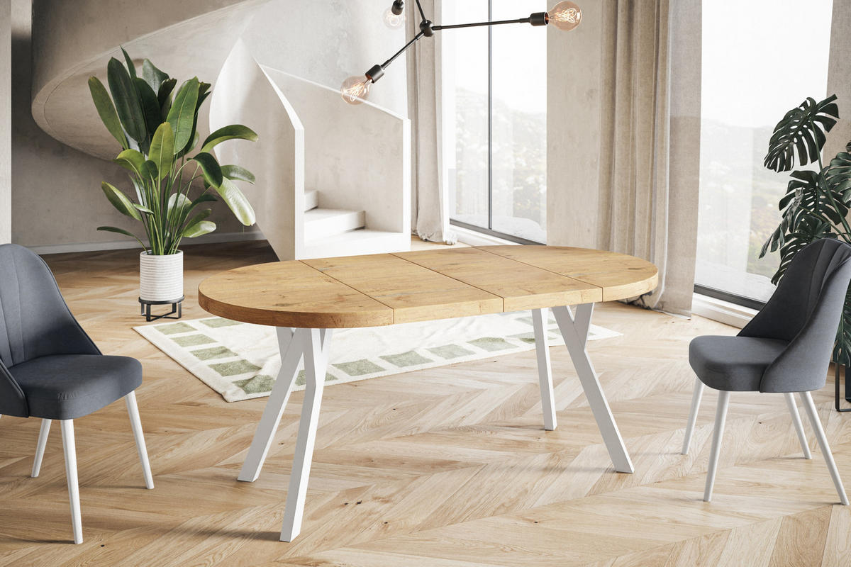 ESSZIMMERTISCH OVO, ausziehbarer Tisch 120 cm bis 220 cm, Farbe: LANCELOT, mit Holzbeinen in Farbe Weiß - Beige/Weiß, Holzwerkstoff (120/120/77cm) - Alpi-Möbel