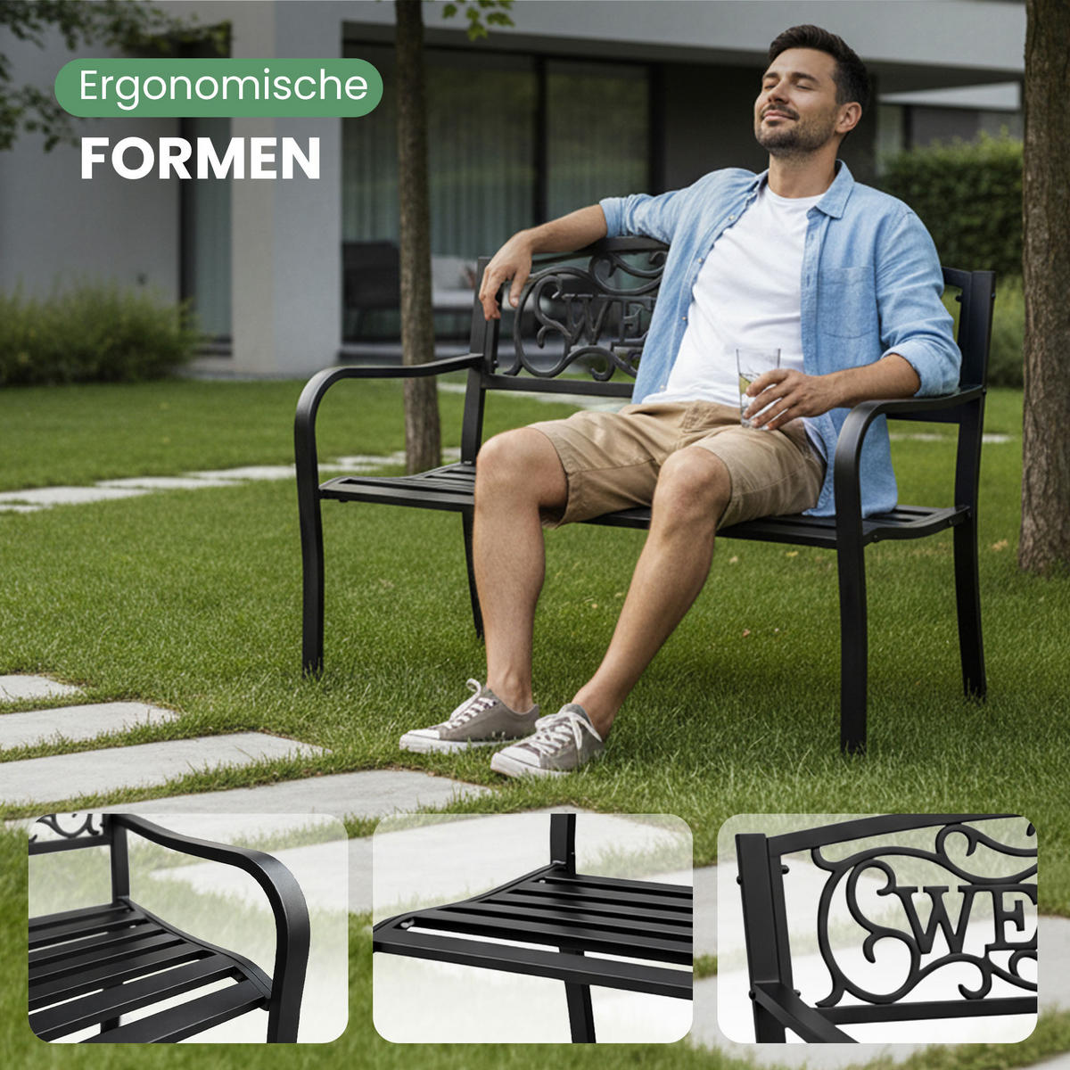 GARTENBANK IRYS Schwarz 127 x 86 x 62 cm - Schwarz, Metall (127/86/62cm) - Akord