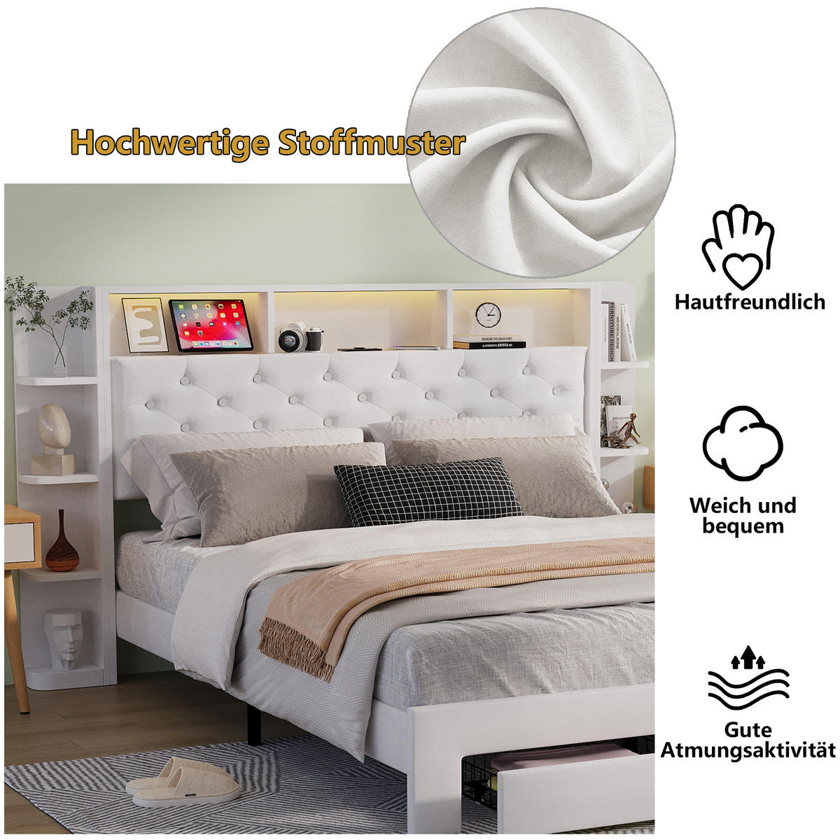 POLSTERBETT 160x200 cm LED USB 2 Schubladen Stauraum Samt weiß - Weiß, Holz (160/200cm) - LEBENLANG