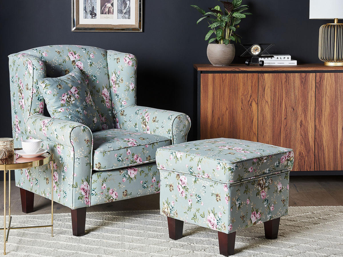 SESSEL Polsterbezug grün Blumenmuster plus Hocker Hamar - Multicolor/Grün, Textil (77/95/78cm) - Beliani