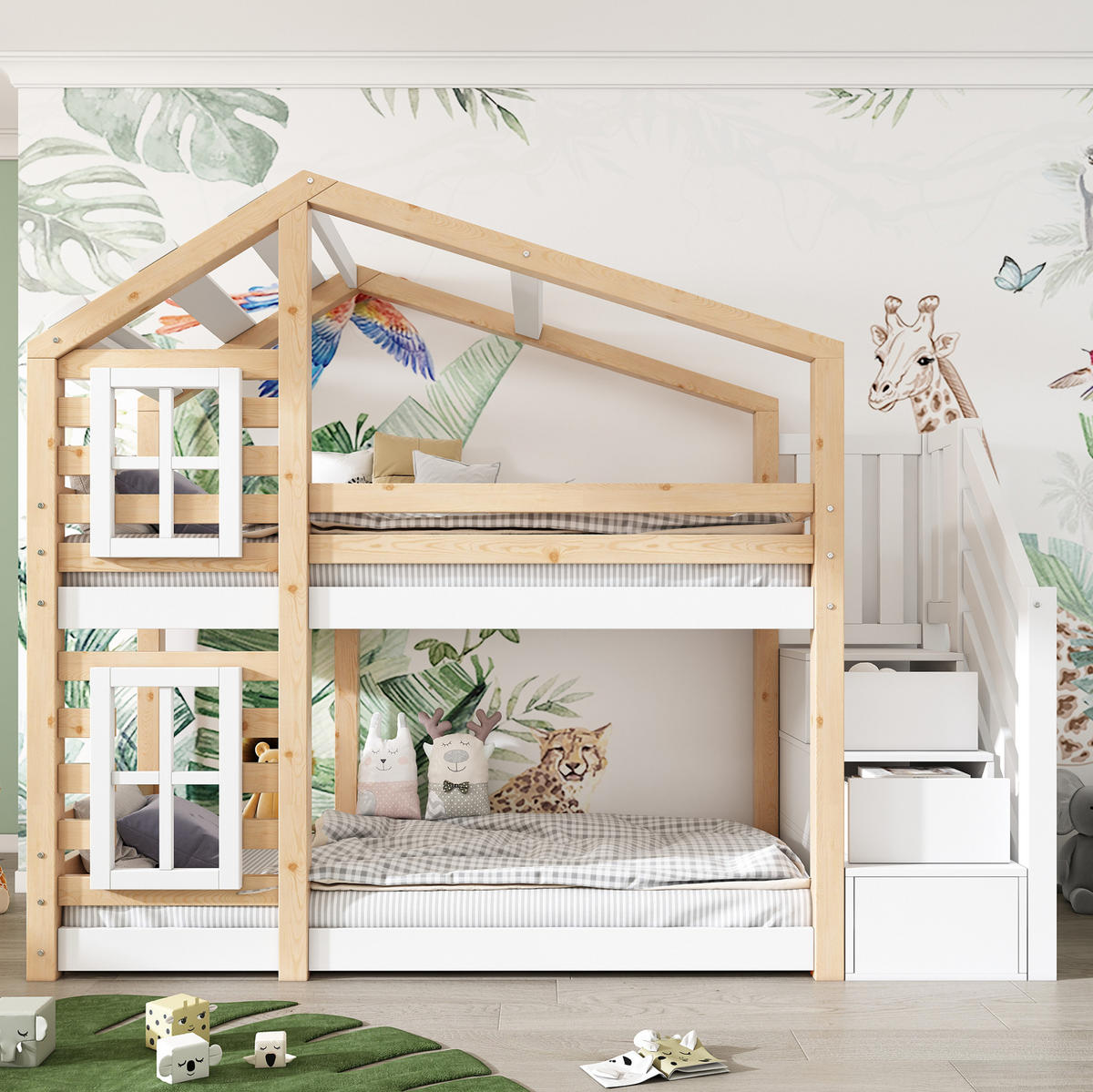 ETAGENBETT Baumhaus 90/200 cm mit Stauraum, Rausfallschutz und Treppenschrank - Naturfarben, Holzwerkstoff (90/200cm) - BEAOK