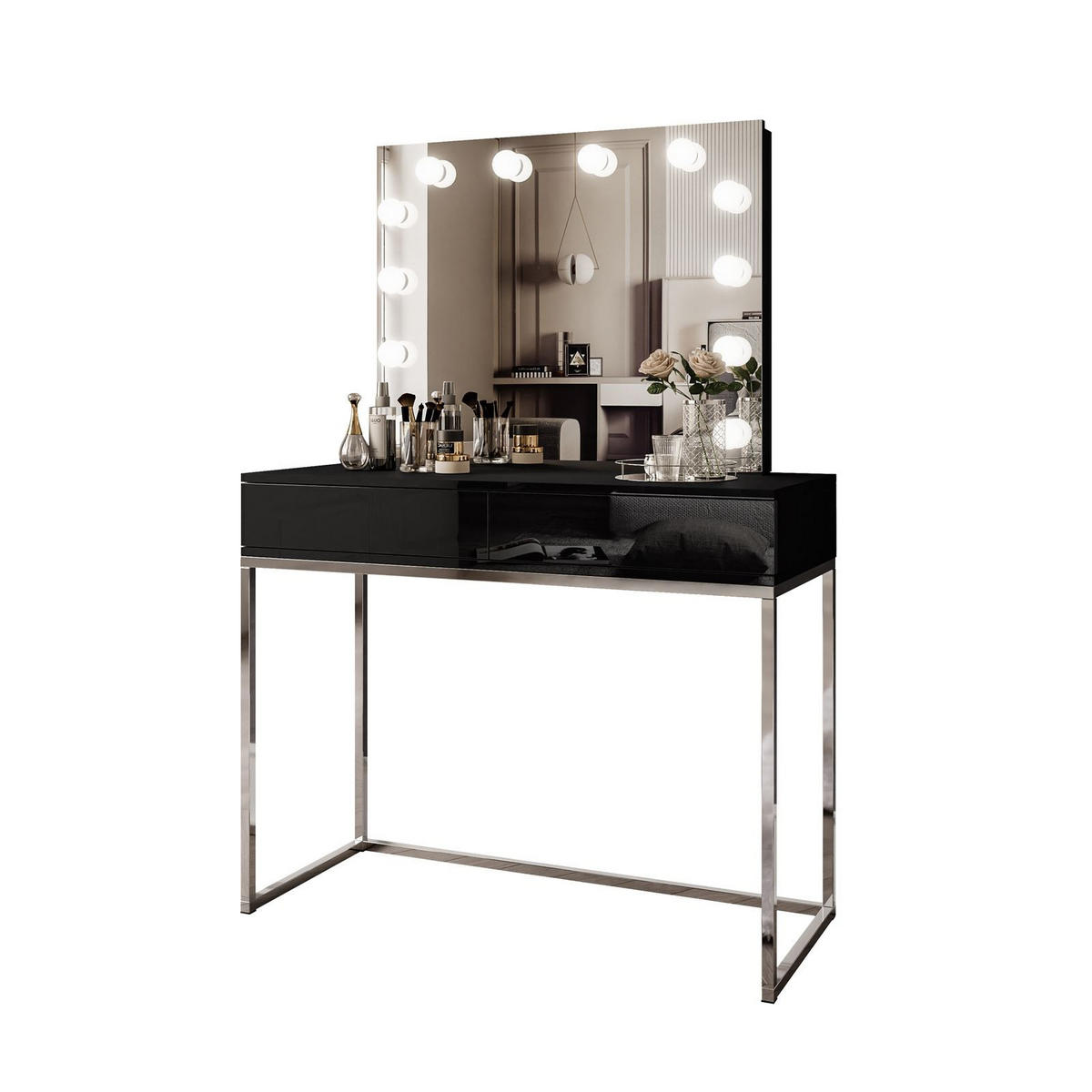 SCHMINKTISCH BLANCO GLAMOUR ELITE mit Spiegel und Beleuchtung Schwarz Hochglanz PUSH OPEN - Schwarz Hochglanz/Silberfarben, Holzwerkstoff (100/146/42cm) - Lookway