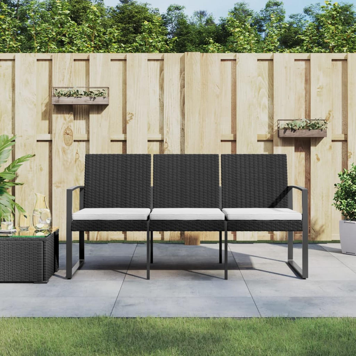 GARTENBANK 3-Sitzer mit Kissen Schwarz PP-Rattan - Anthrazit, Kunststoff (152.5/77.5/57cm) - furnicato
