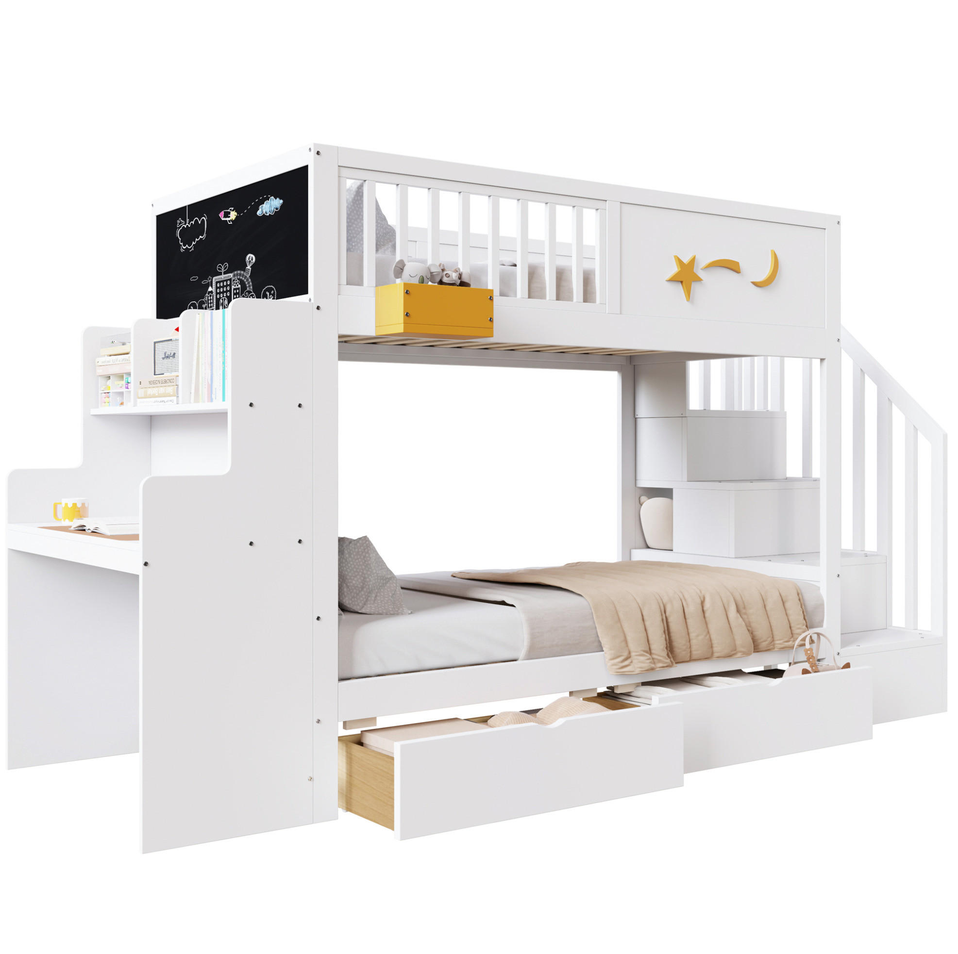ETAGENBETT 90/200 cm mit Schreibtisch, Stauraumtreppe und 2 Schubladen, Weiß - Weiß, Holzwerkstoff (90/200cm) - Redom