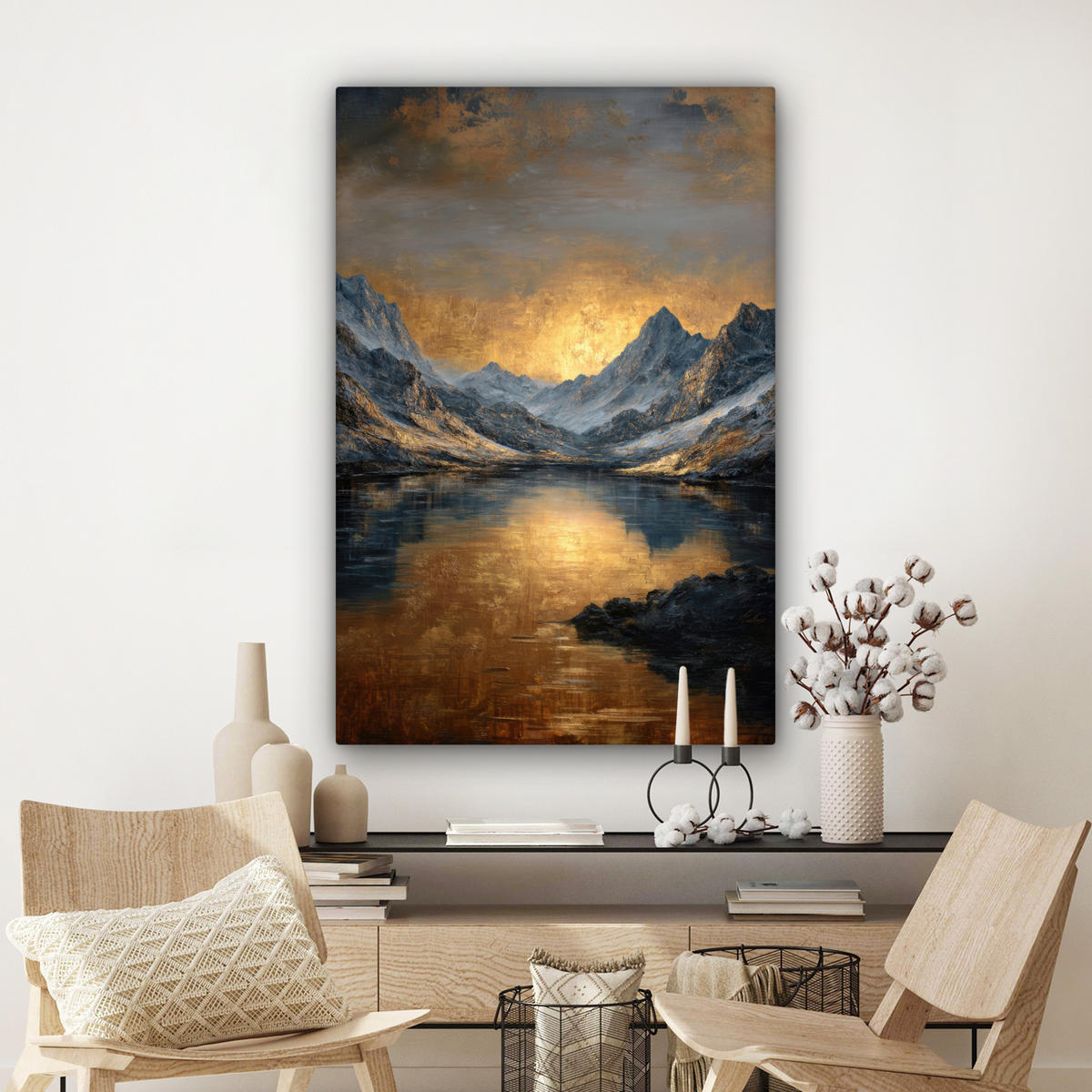 LEINWANDBILD Bergkulisse mit goldenem Sonnenuntergang Deko Groß 90x140 cm - Goldfarben, Textil (90/140cm) - MuchoWow