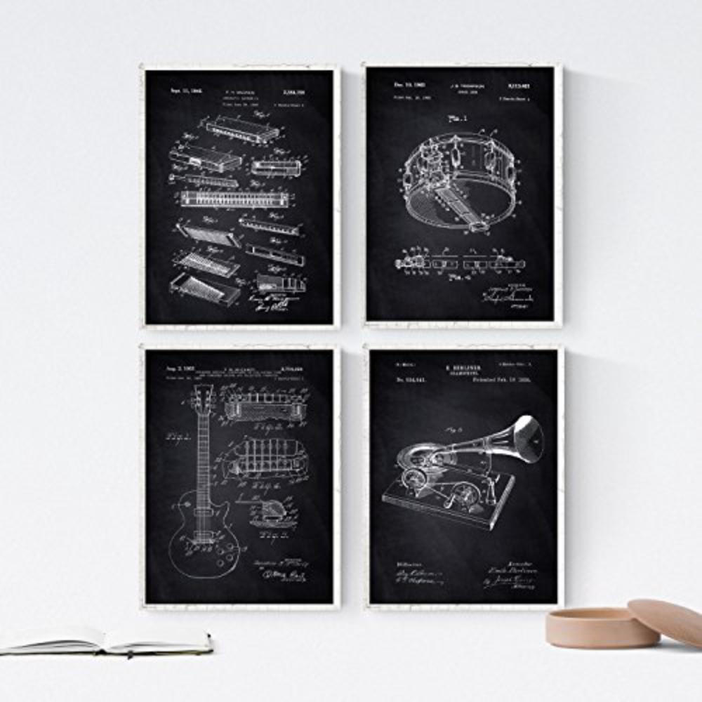 POSTER Set mit 4 Schwarz Patent für Musikinstrumente A4 Schwarzer Rahmen - Schwarz, Papier (29.7/3cm) - Nacnic