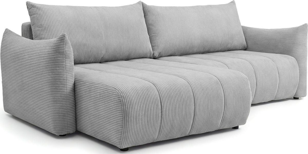 ECKSOFA Liv mit Schlaffunktion & Bettkasten in Cordstoff Hellgrau, Universell 260/154/86 cm - Hellgrau/Schwarz, Kunststoff/Textil (260/154cm) - WFL GROUP