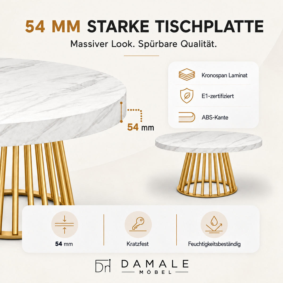 ESSTISCH rund ausziehbar 90/190/76 cm, Marmor, 54 cm Tischplatte + Lamellen-Metallgestell Gold - Goldfarben/Hellgrau, Holzwerkstoff/Metall (90/190/76cm) - Damale Möbel