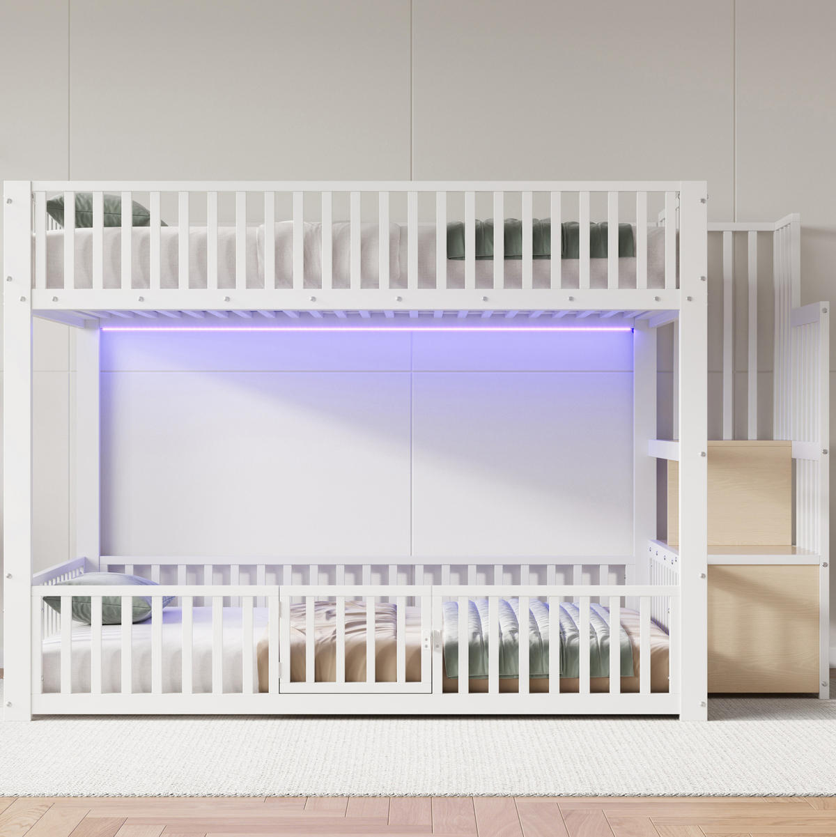 ETAGENBETT 140/200 cm weiß aus Metall und MDF mit LED - Weiß, Holzwerkstoff (140/200cm) - OKWISH
