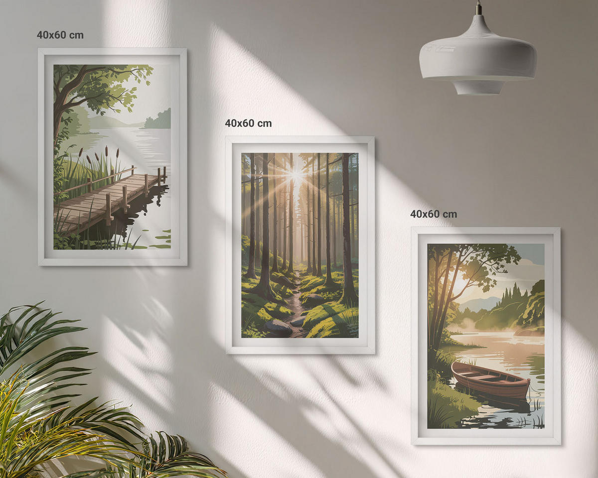 WANDBILDER 3er-Set - 40x60 cm Weißer Rahmen - Landschaft aus Wald, See und Boot - Weiß, Kunststoff (40/60cm) - ArtPrintCave