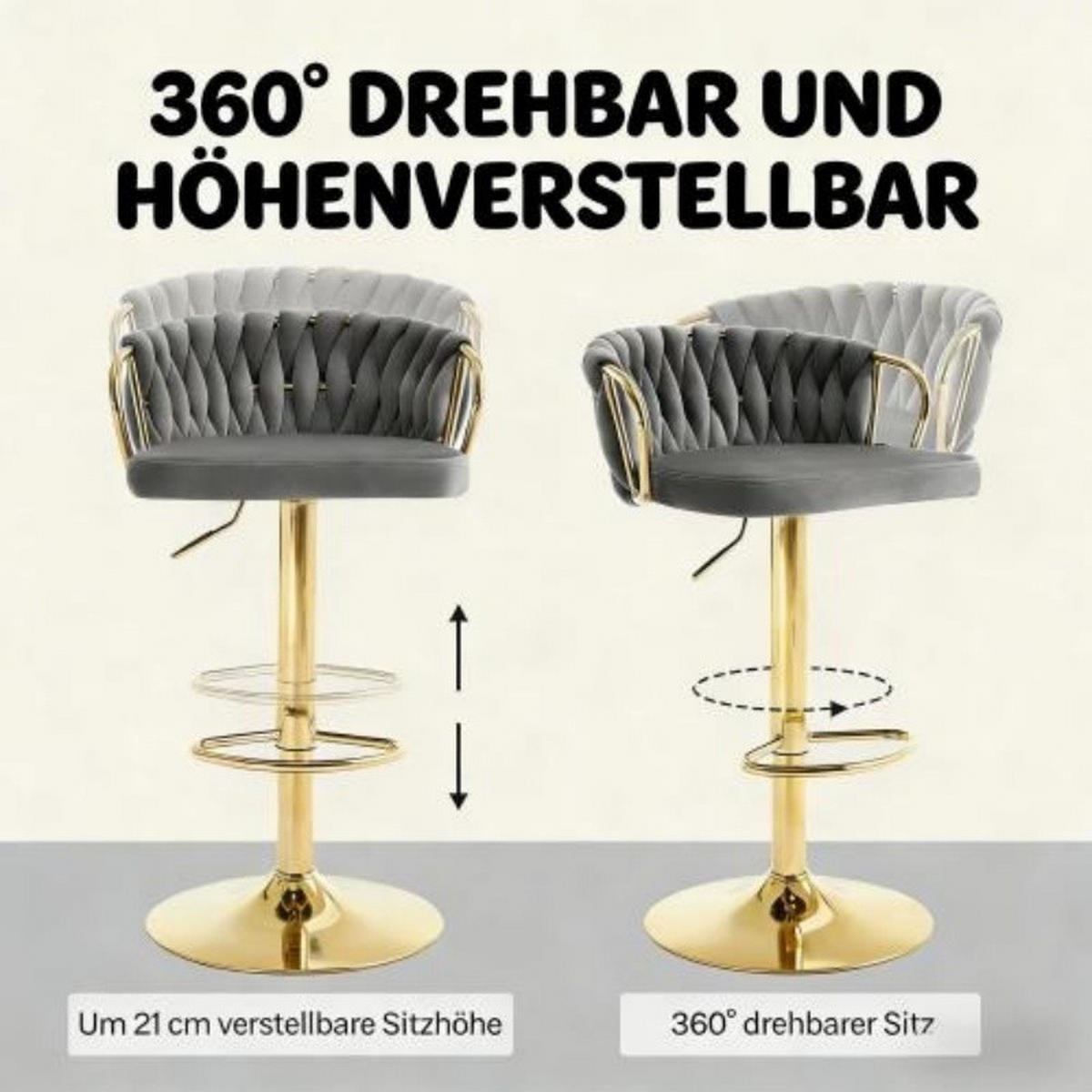BARHOCKER 2er-Set drehbar höhenverstellbar Samt Dark Gray - Dunkelgrau, Metall (49.5/98/50.51cm) - Meubliv