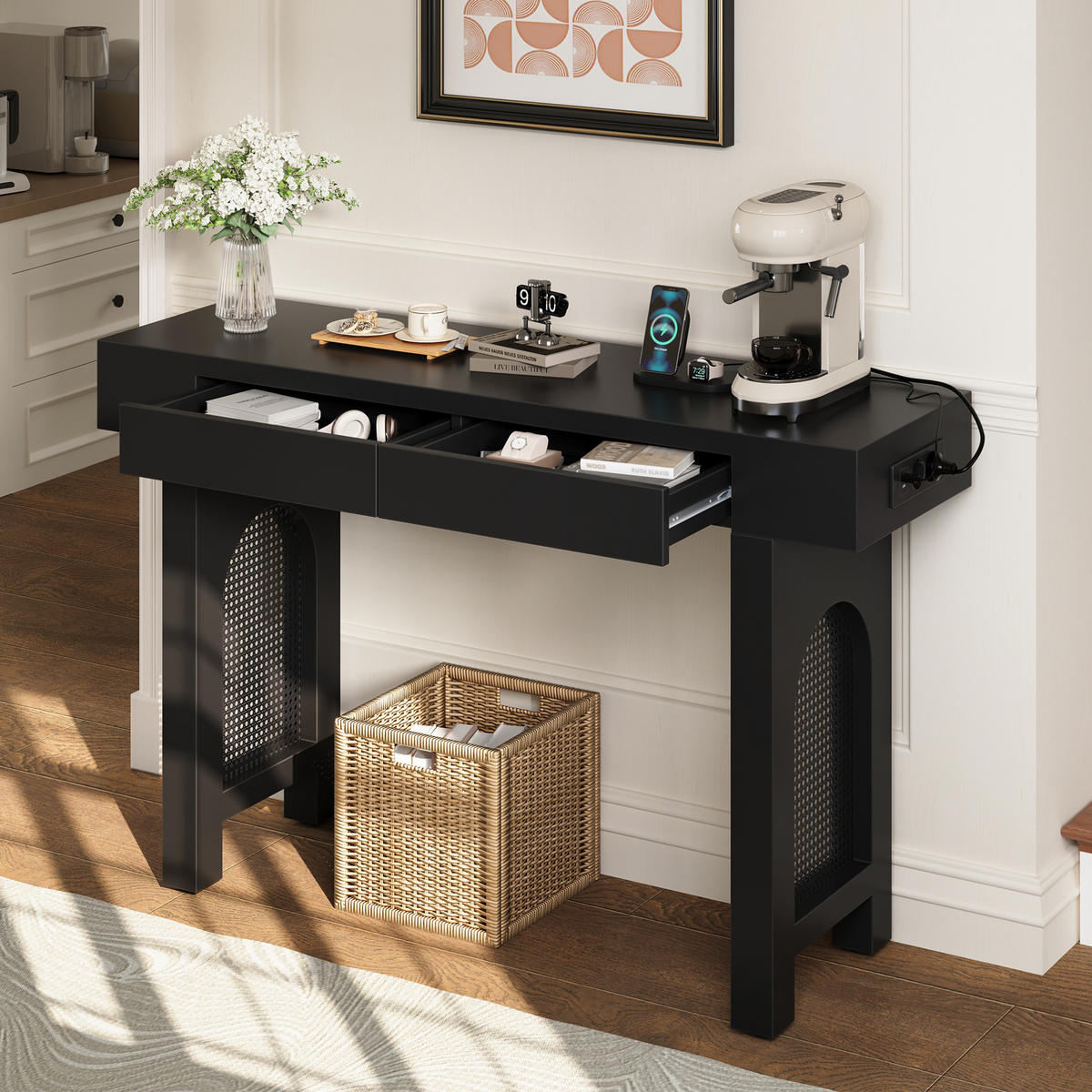 KONZOLNI stol 120/35,5/76,5 cm crni od MDF-a s 2 ladice i utičnicom - crna, drvni materijal (120/35.5/76.5cm) - OKWISH