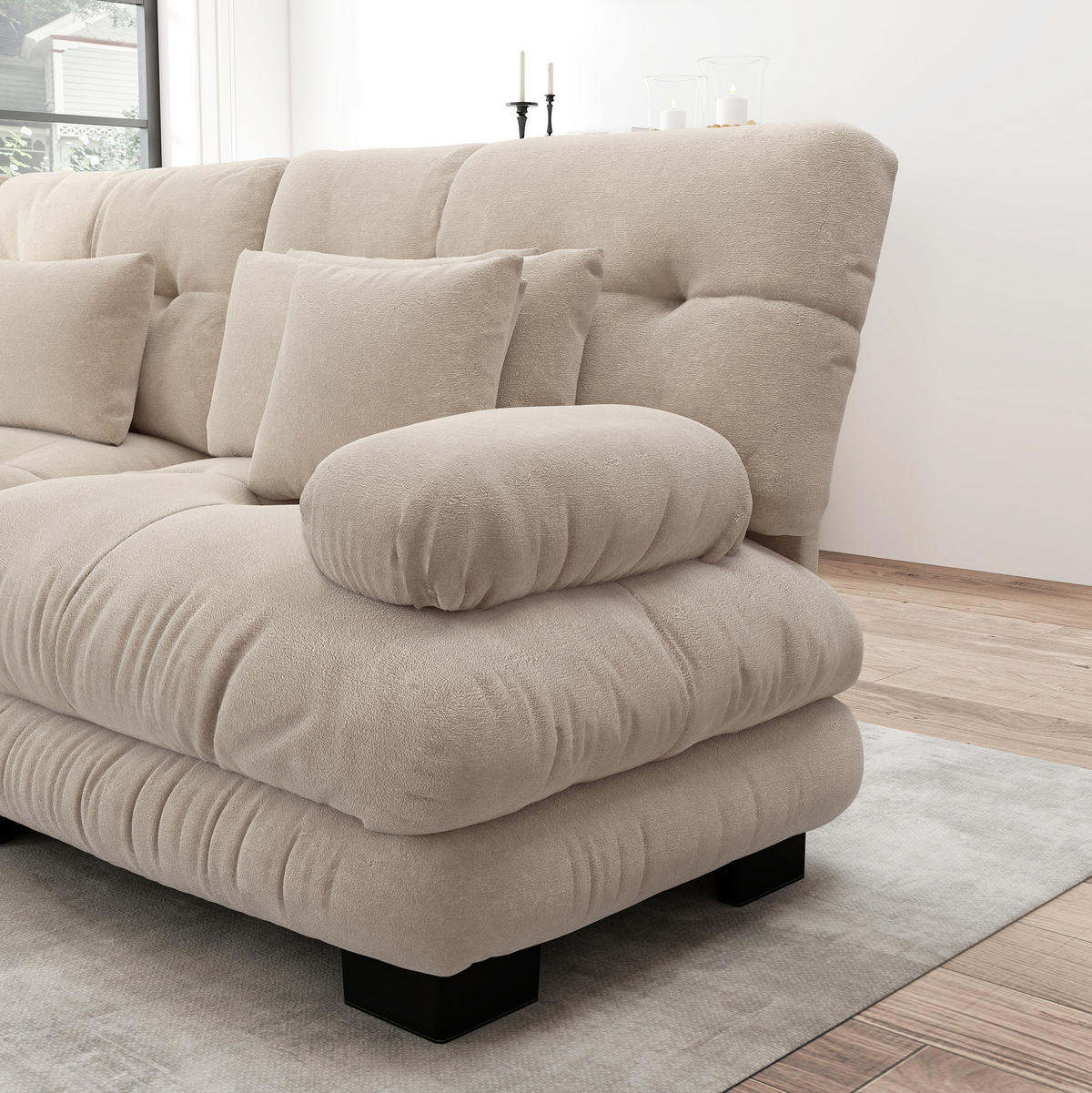 ECKSOFA in Hellkaffee mit Chenillebezug, modular und mit Ottomane - Cappuccino, Textil (145/220cm) - Flora Grace