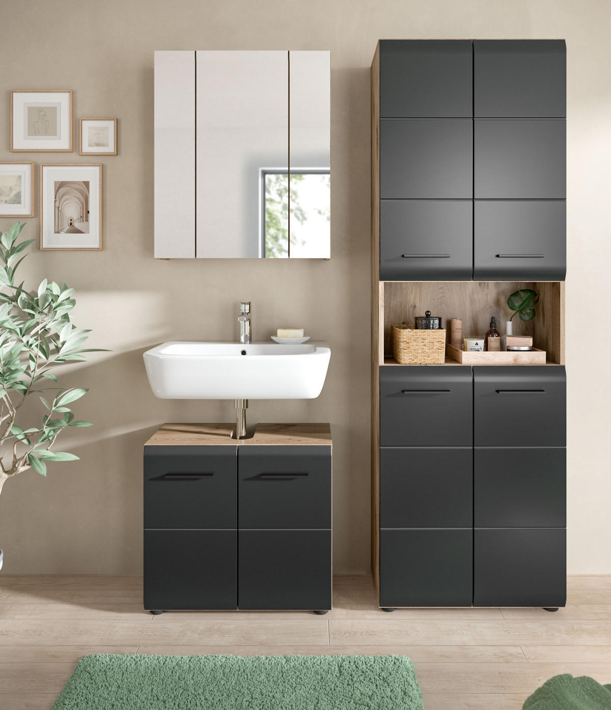 BADMÖBEL-SET 3-teilig schwarz matt, Nox Eiche inklusive Hochschrank 4-türig, 135 x 185 cm - Eichefarben/Schwarz, Glas/Holzwerkstoff (135/185/30cm) - Inn.Furn