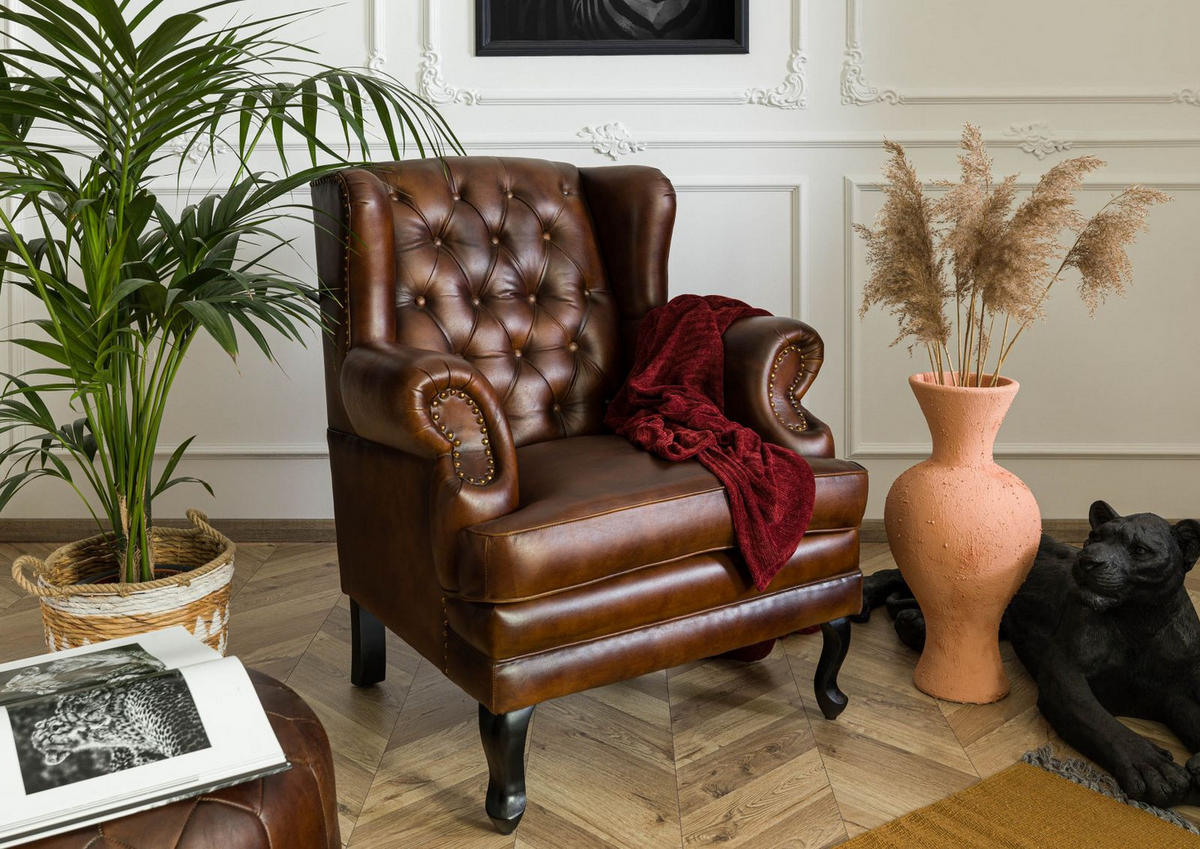 OHRENSESSEL Echtleder 88x80x108 braun CHESTERFIELD #101 - Braun, Leder (88/108/80cm) - Massivmoebel24