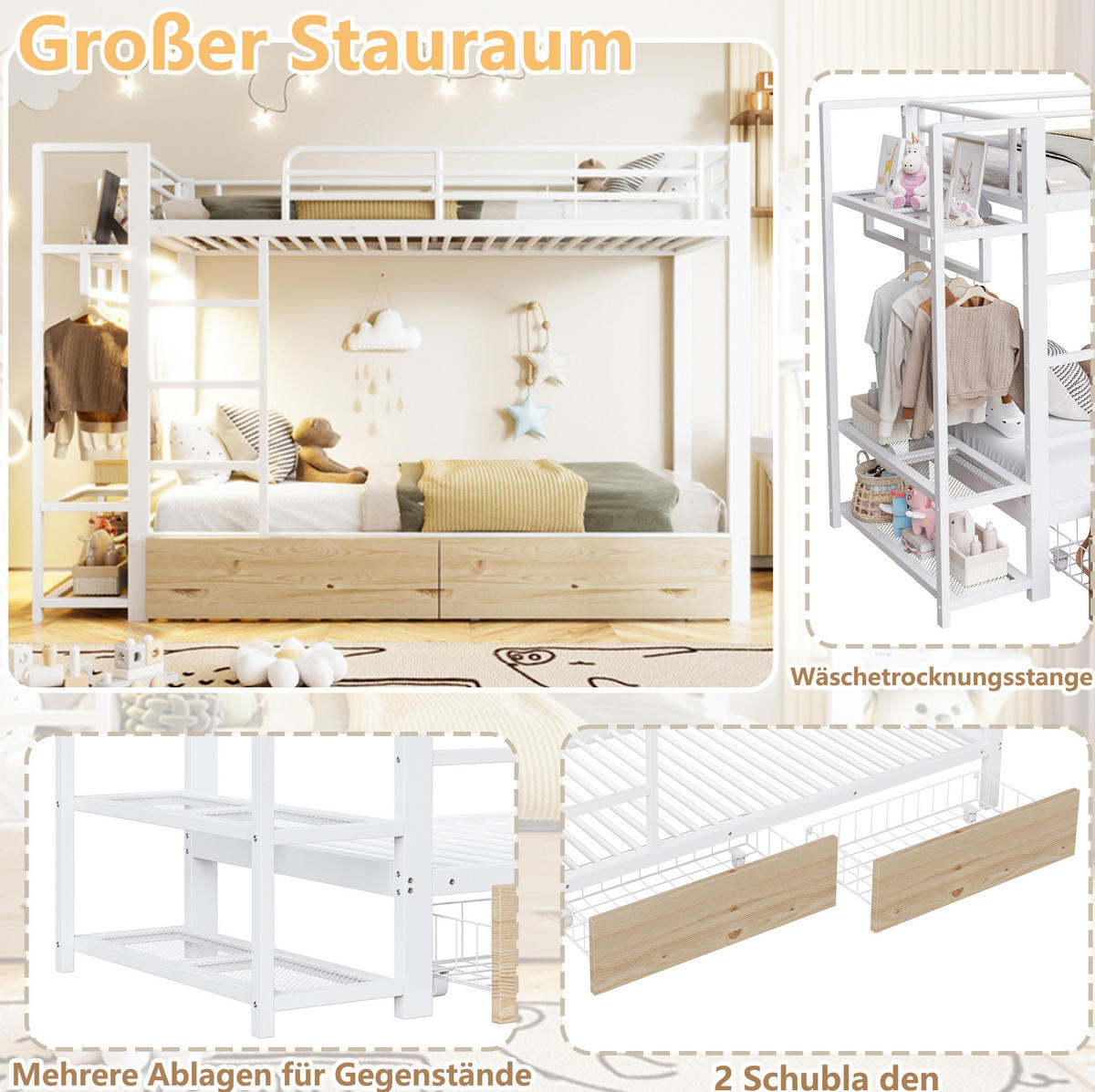 ETAGENBETT 90/200 cm in Weiß mit LED-Beleuchtung, 2 Schubladen und Ablageflächen - Weiß, Metall (90/200cm) - OKMYHOME