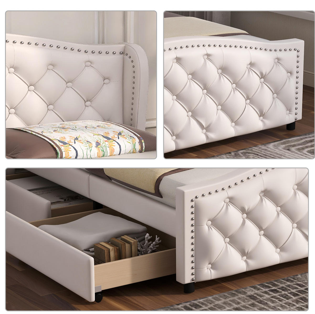 POLSTERBETT 140/200 cm Weiß Chesterfield mit Stauraum und Lattenrost aus PU - Weiß, Kunststoff (140/200cm) - OKWISH