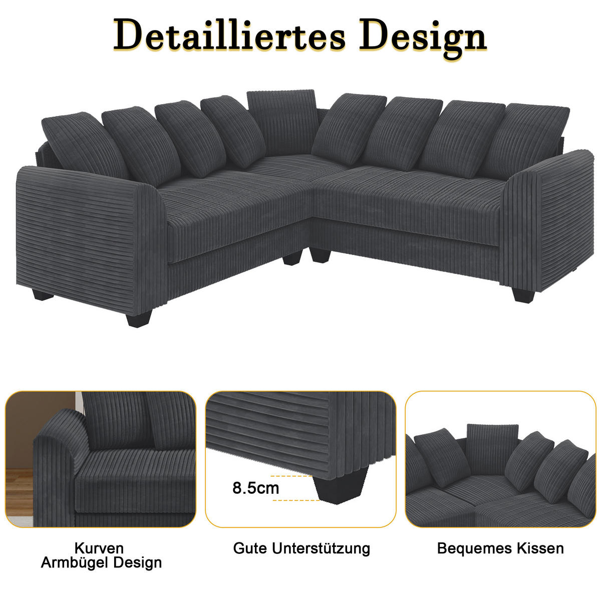 ECKSOFA L-Form Cord 83 cm Sitztiefe, 8,5 cm Füße inkl. 9 Kissen 202/202/74 cm Grau - Grau, Textil (202/202cm) - Redom