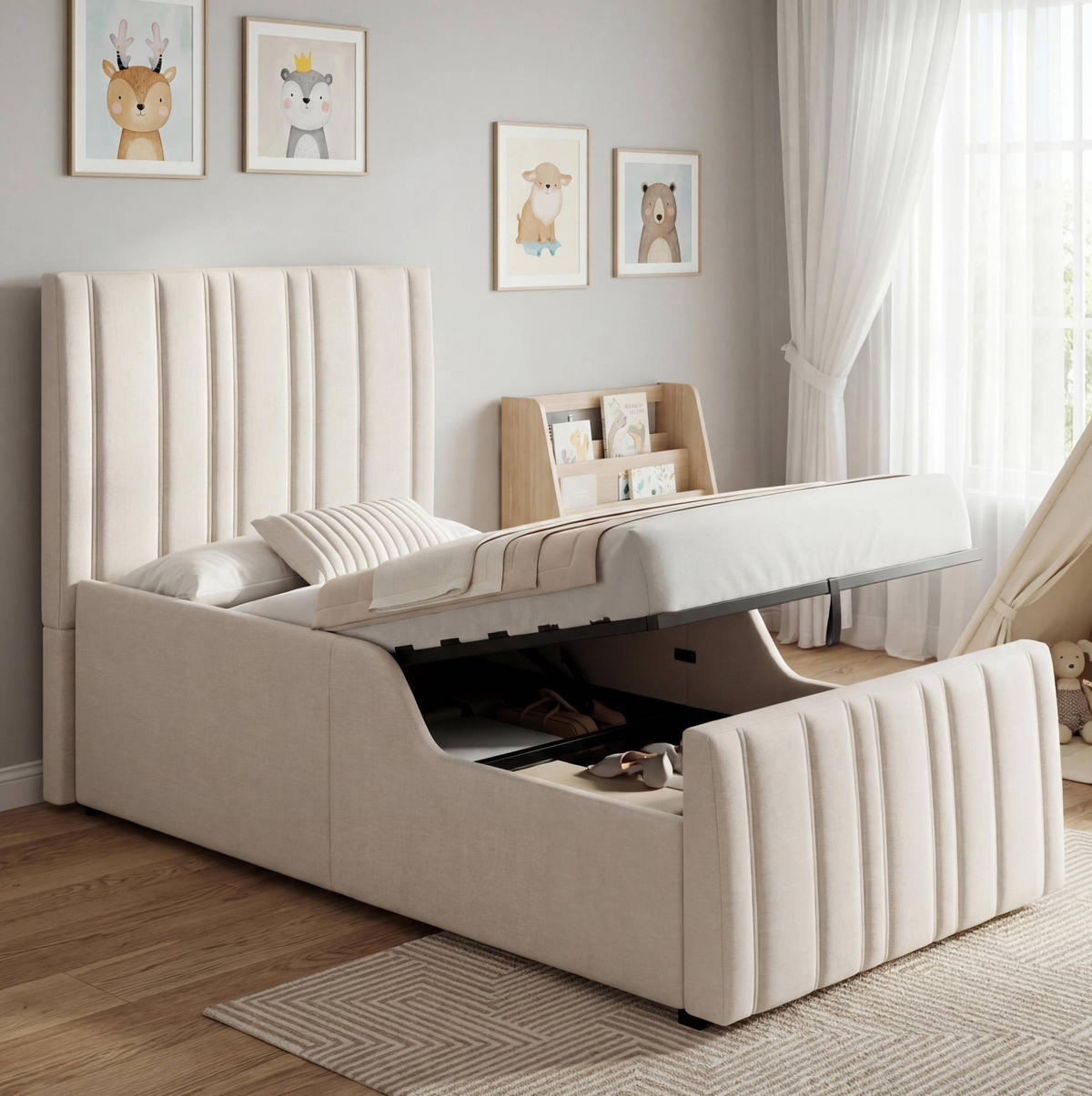 POLSTERBETT 90/200 cm Beige aus Leinenstoff mit Bettkasten - Beige, Textil (90/200cm) - OKMYHOME