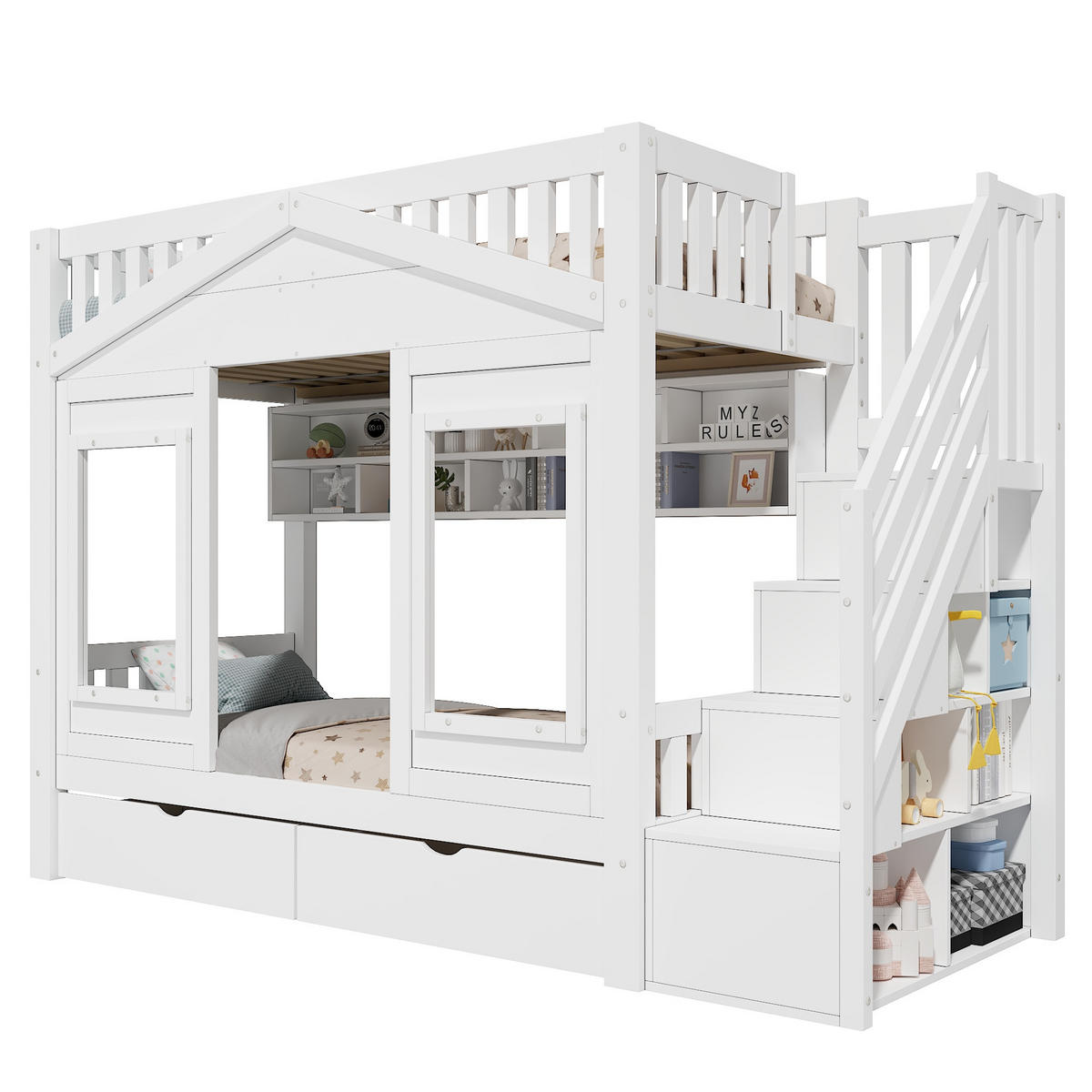 ETAGENBETT 90/200 cm DE-32831 mit Stauraumtreppe und Haus-Design Weiß - Weiß, Holzwerkstoff (90/200cm) - ComfortXL