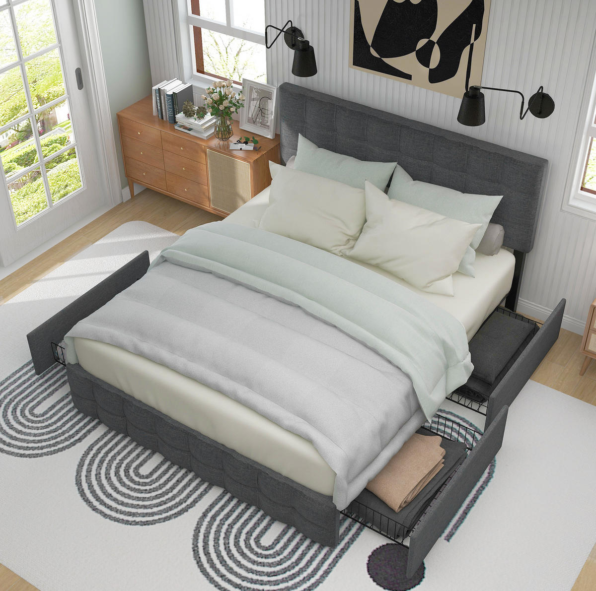 POLSTERBETT 140/200 cm Grau aus Leinen mit 4 Schubladen - Grau, Textil (140/200cm) - OKMYHOME