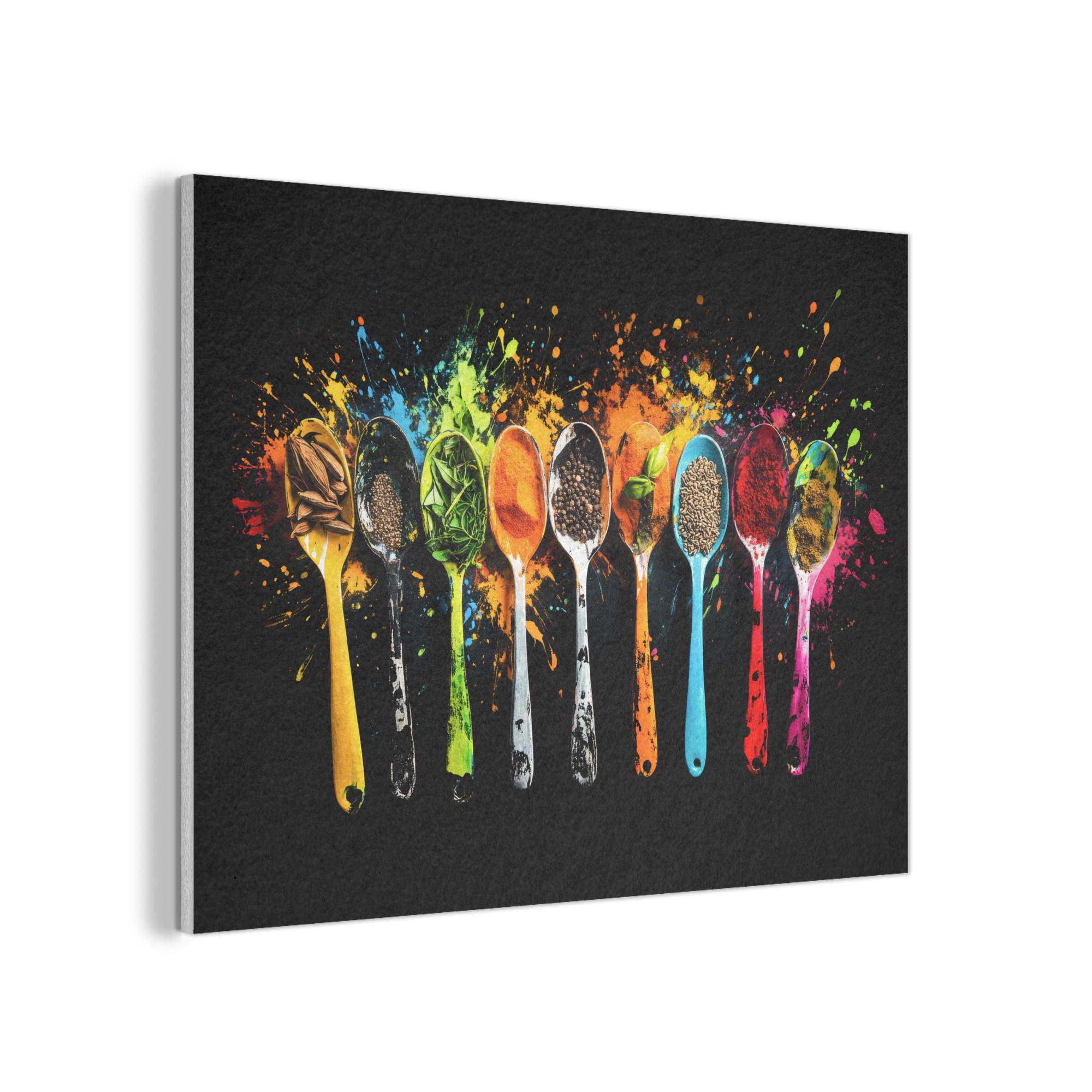 AKUSTIKBILD Löffel - Gewürze - Modern - Graffiti - Farbe - Farbenfroh Wandbild Wohnzimmer 100x70 cm - Multicolor, Textil (100/70/0.9cm) - MuchoWow