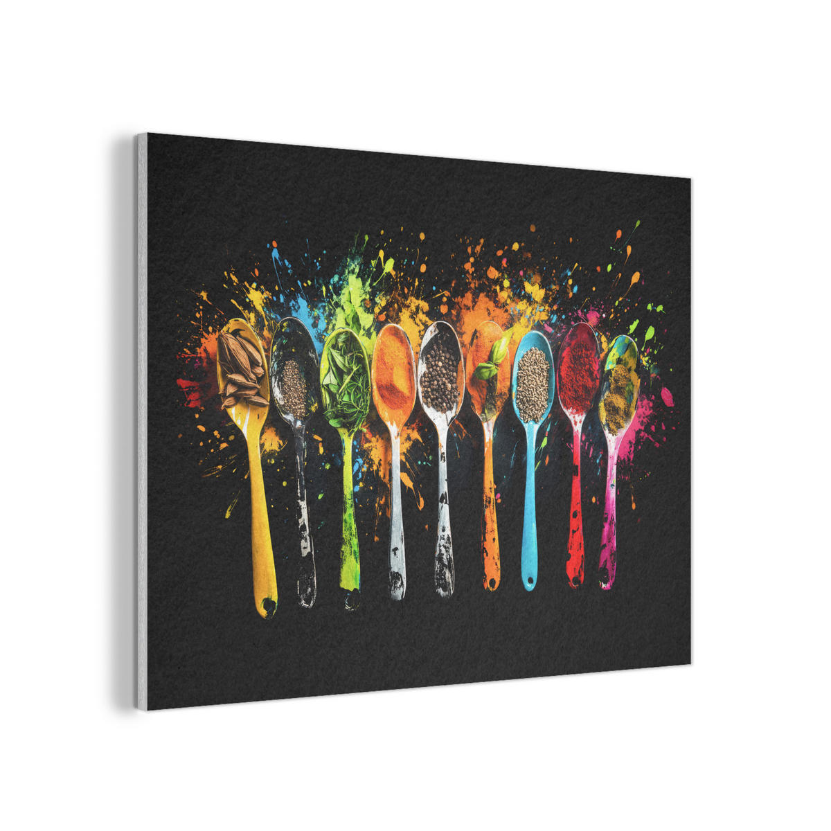 AKUSTIKBILD Löffel - Gewürze - Modern - Graffiti - Farbe - Farbenfroh Wandbild Wohnzimmer 100x70 cm - Multicolor, Textil (100/70/0.9cm) - MuchoWow