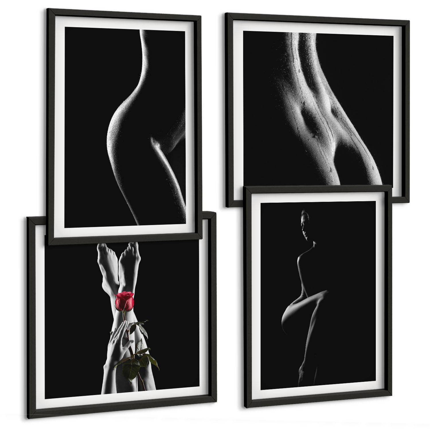 BILDER SET 4er Set - 50x50 cm & 40x60 cm Schwarzer Rahmen - Schwarze und weiße weibliche Formen - Schwarz, Kunststoff (50/50cm) - TULUP